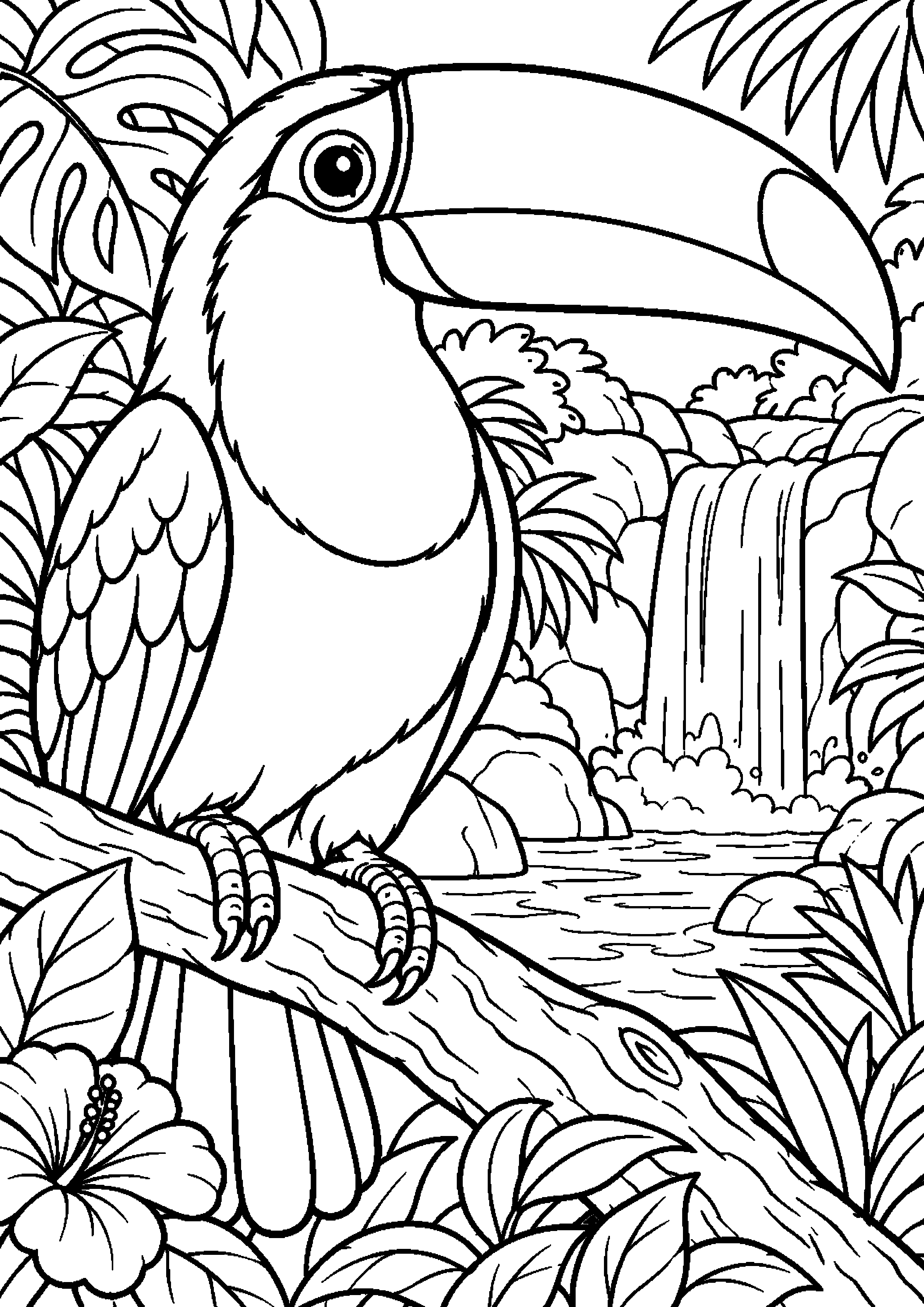Grand coloriage d’un toucan lissant ses plumes, contours noirs nets sur fond blanc