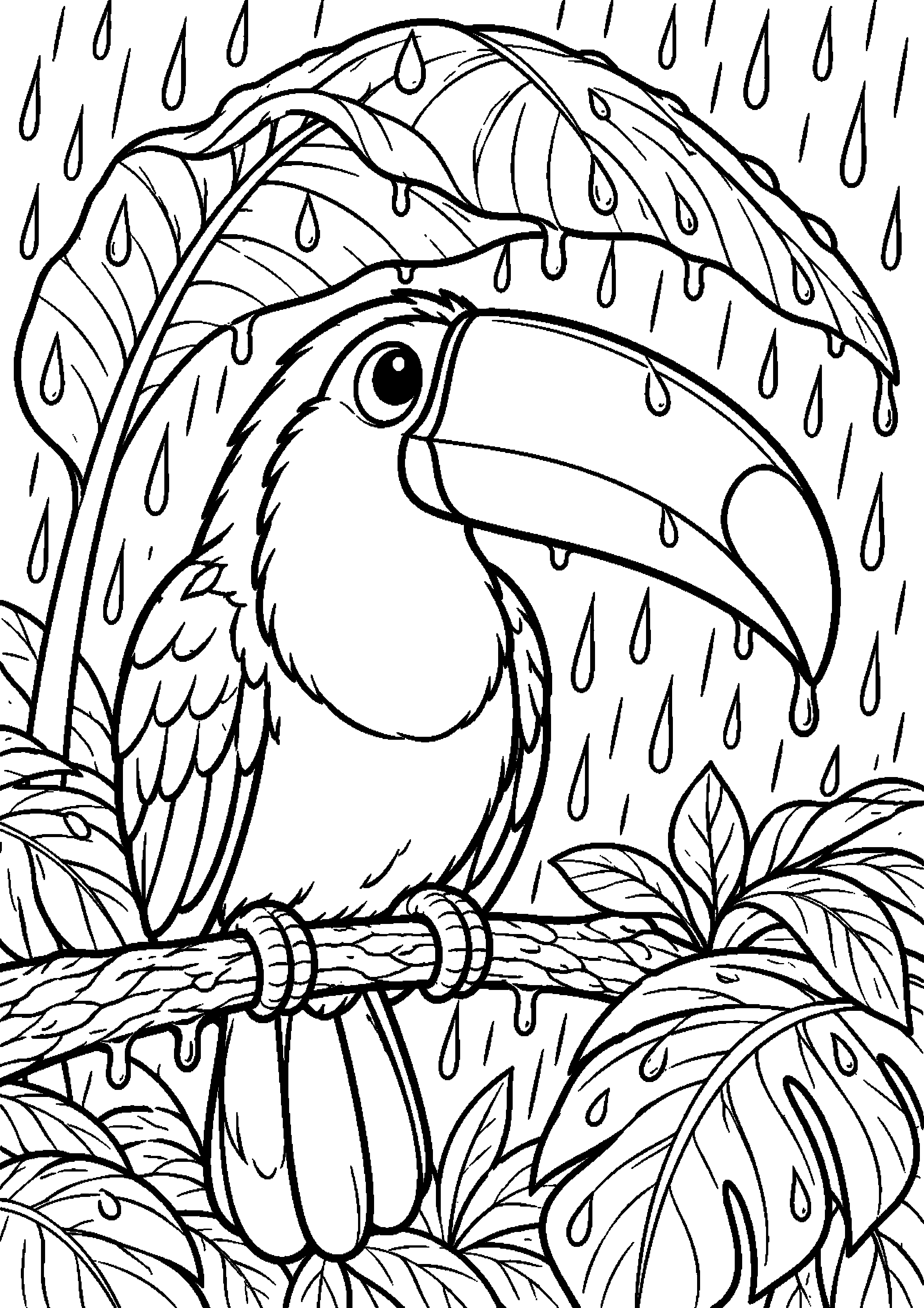 Grand coloriage d’un toucan observant un papillon, contours noirs nets sur fond blanc