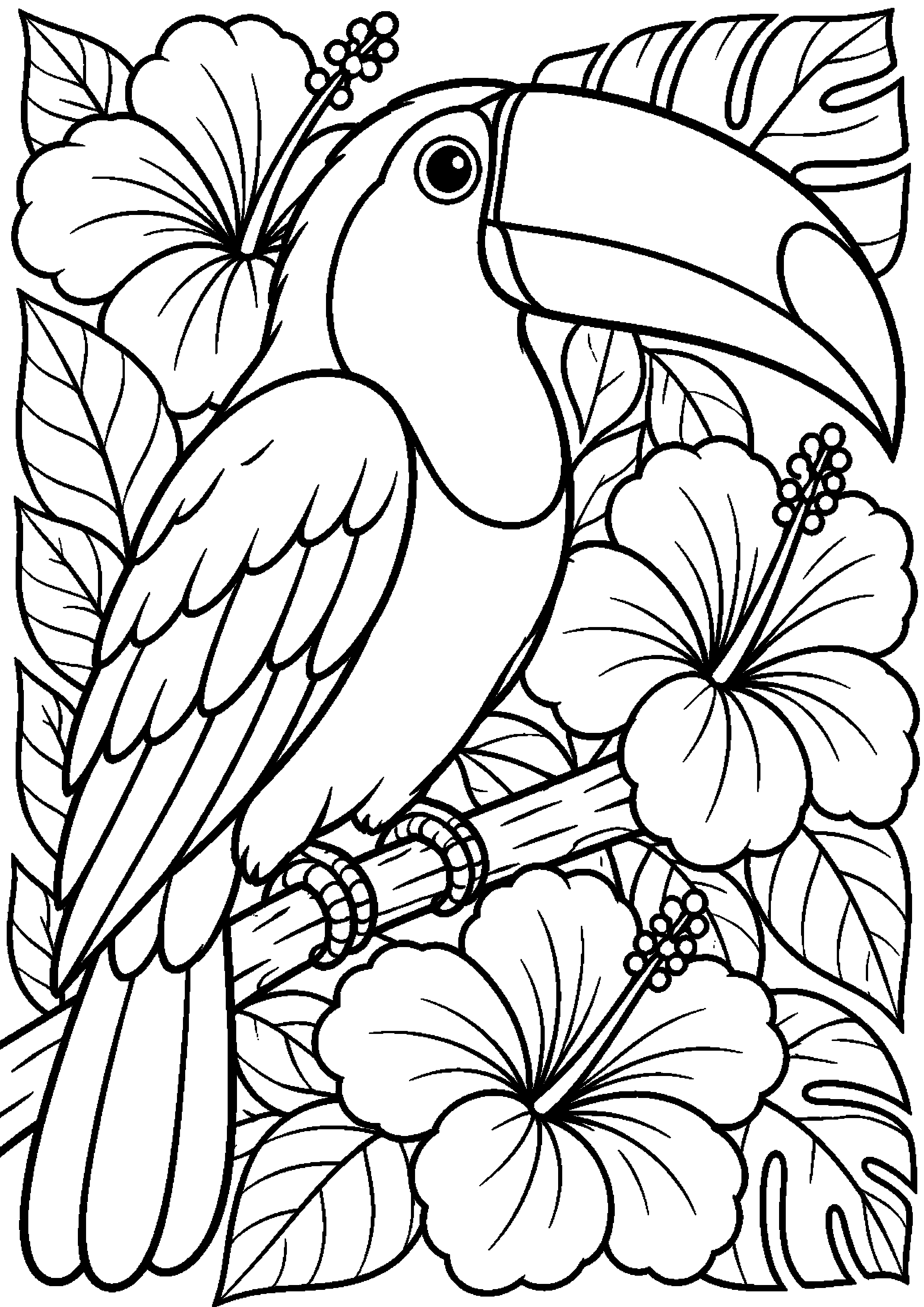 Grand coloriage d’un toucan sous une pluie légère, contours noirs nets sur fond blanc