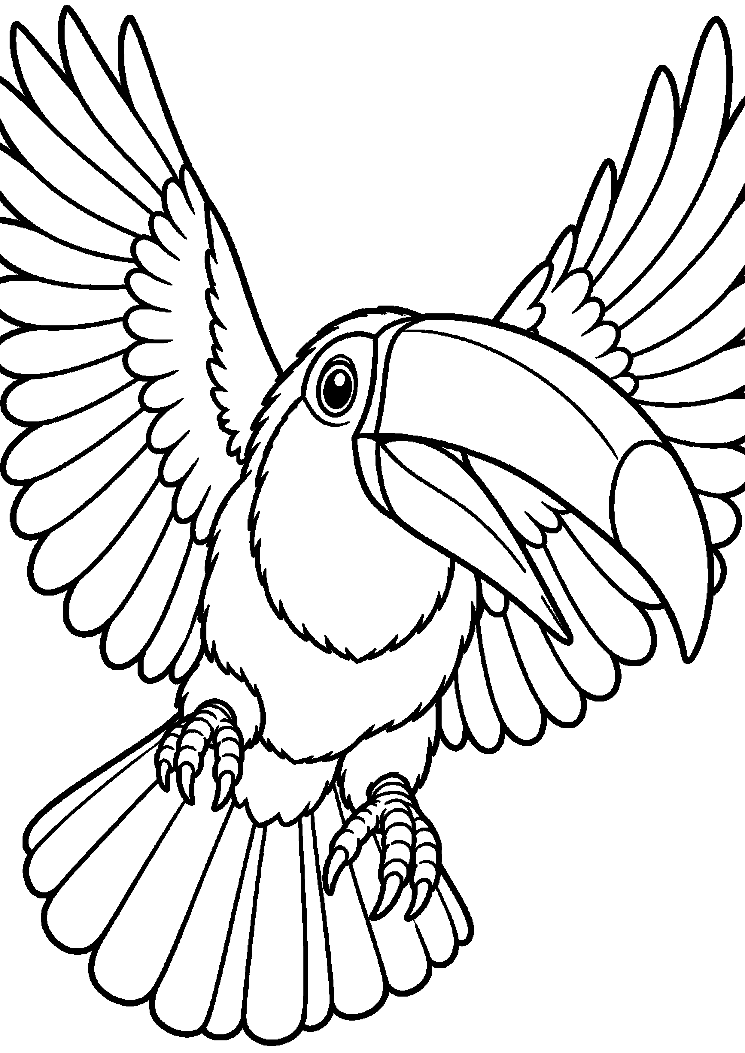 Grand coloriage d’un toucan parmi de grandes fleurs tropicales, contours noirs nets sur fond blanc
