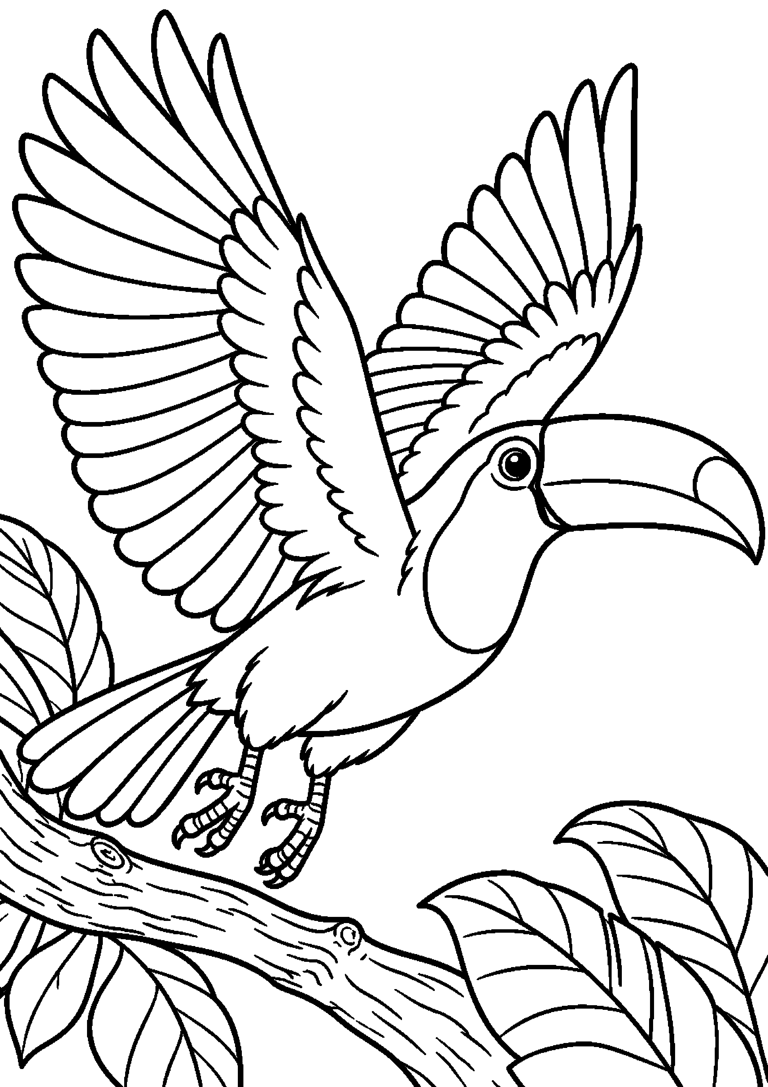 Grand coloriage d’un toucan dans une forêt feuillue, contours noirs nets sur fond blanc