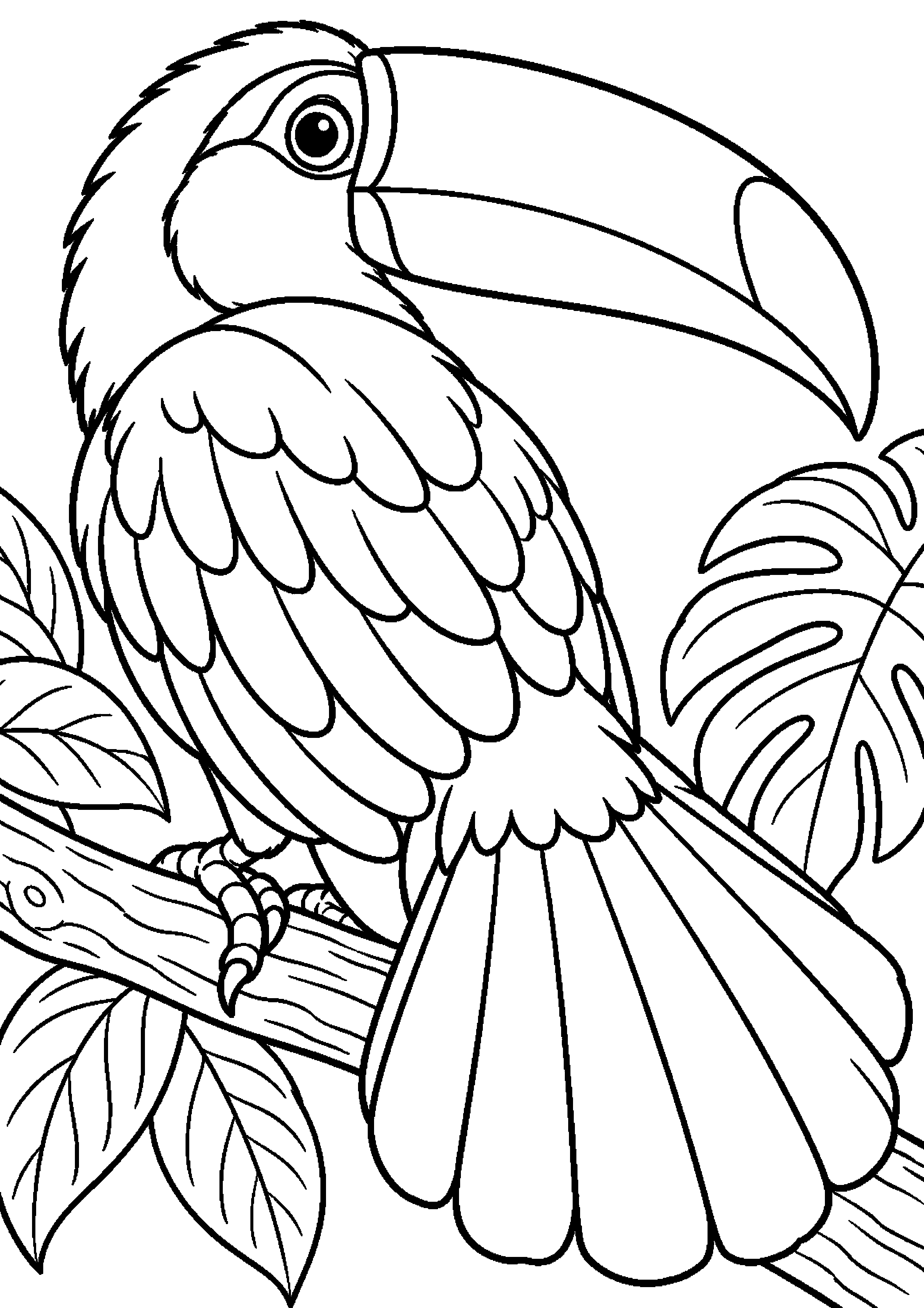 Grand coloriage d’un toucan au lever du jour stylisé, contours noirs nets sur fond blanc