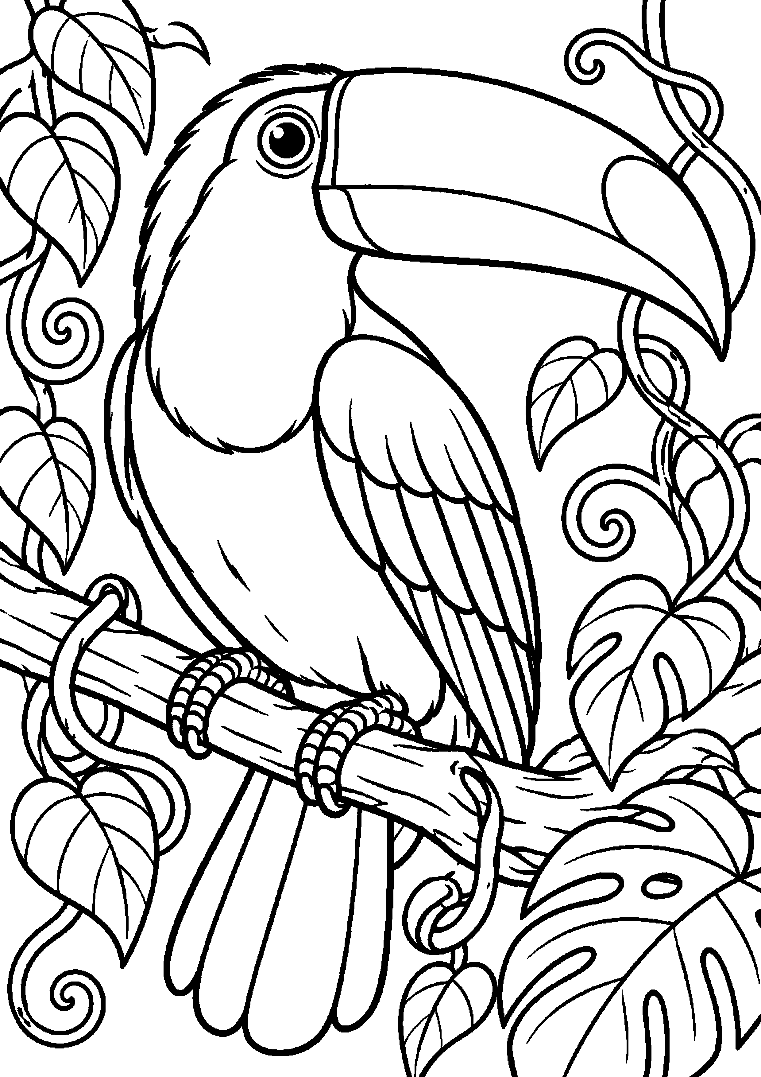 Grand coloriage d’un toucan bec ouvert en posture naturelle, contours noirs nets sur fond blanc