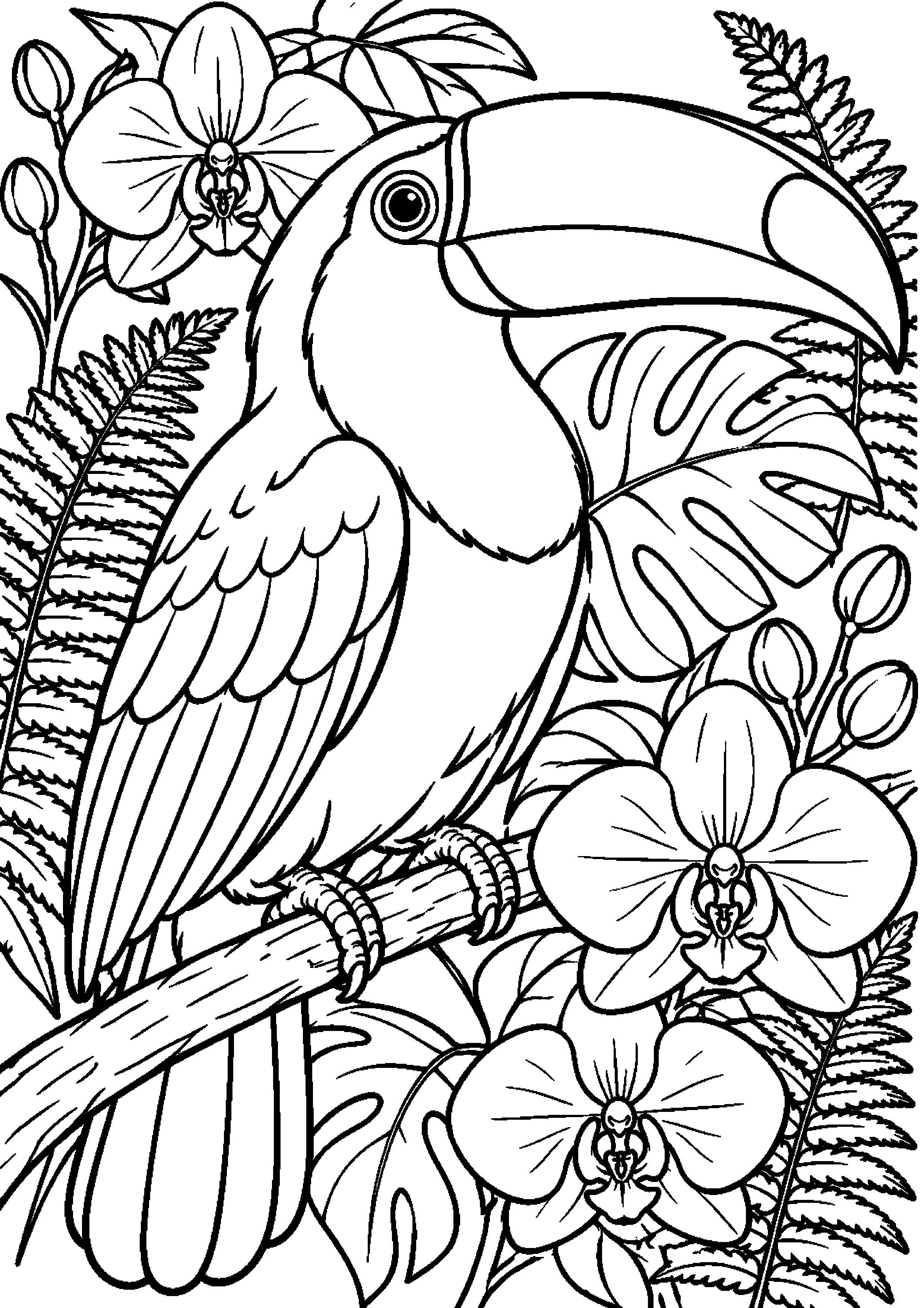 Grand coloriage d’un toucan en gros plan sur le bec et les plumes, contours noirs nets sur fond blanc