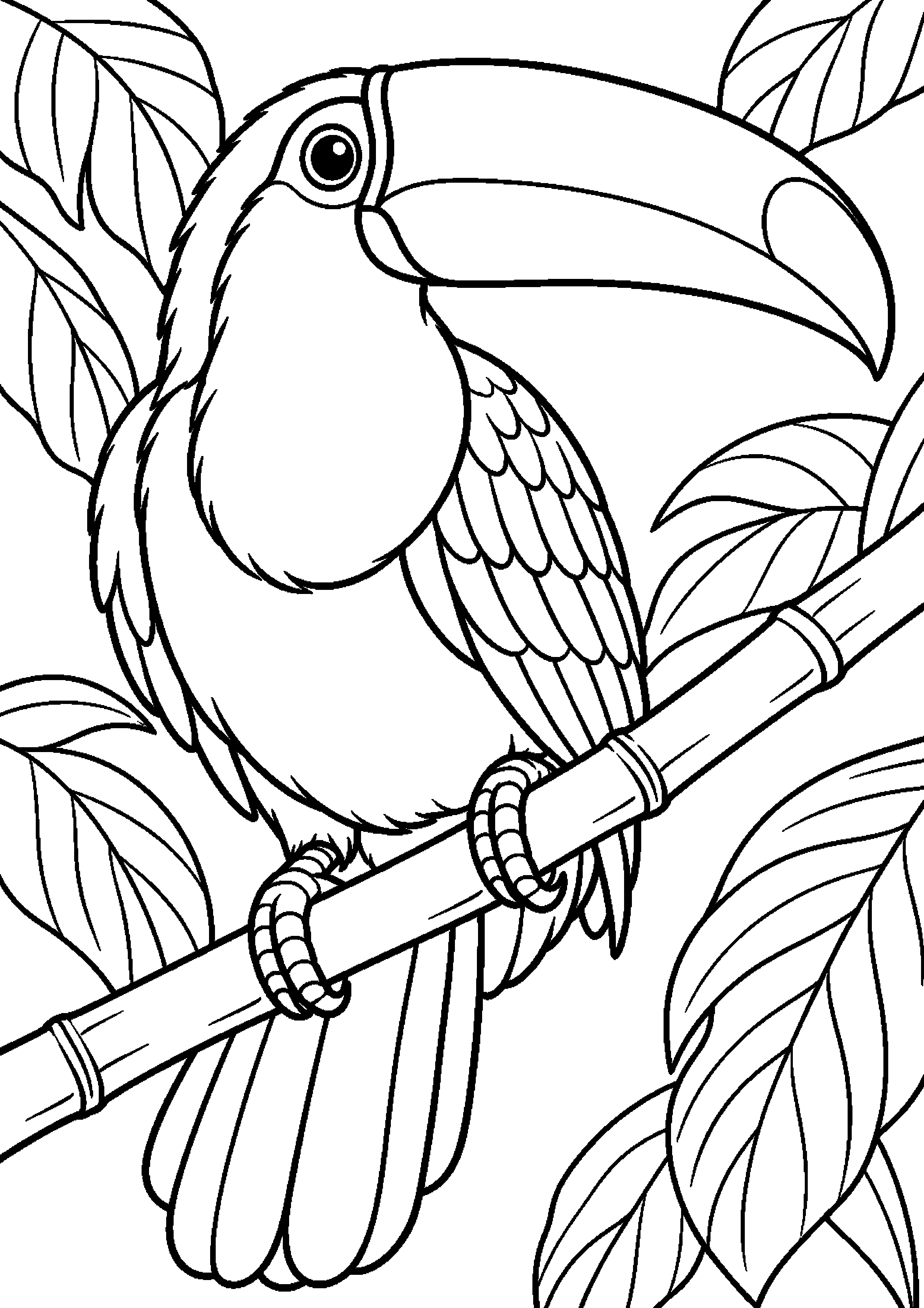 Grand coloriage d’un toucan avec de grandes zones faciles à colorier, contours noirs nets sur fond blanc