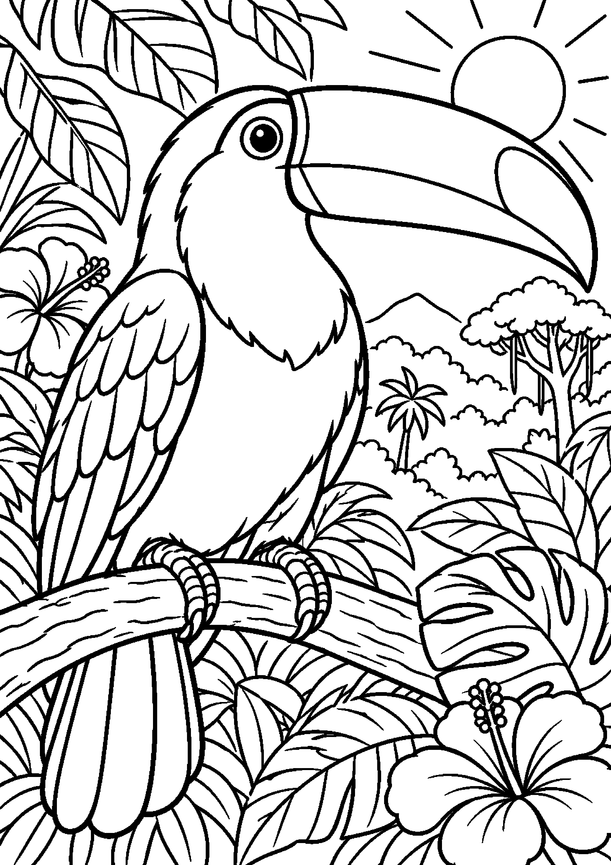 Grand coloriage d’un toucan avec des plumes simplifiées, contours noirs nets sur fond blanc