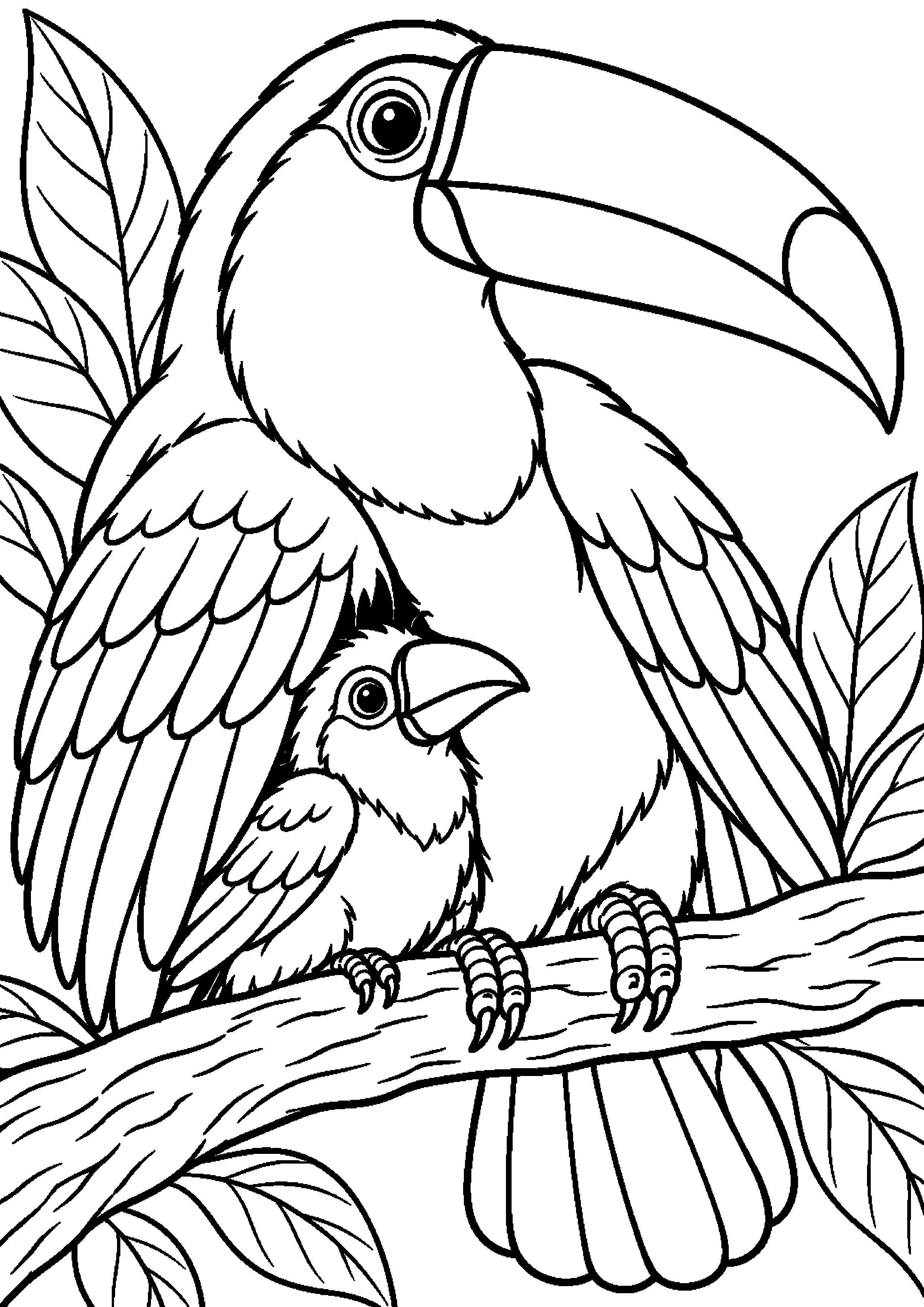 Grand coloriage d’un toucan avec un plumage finement détaillé, contours noirs nets sur fond blanc