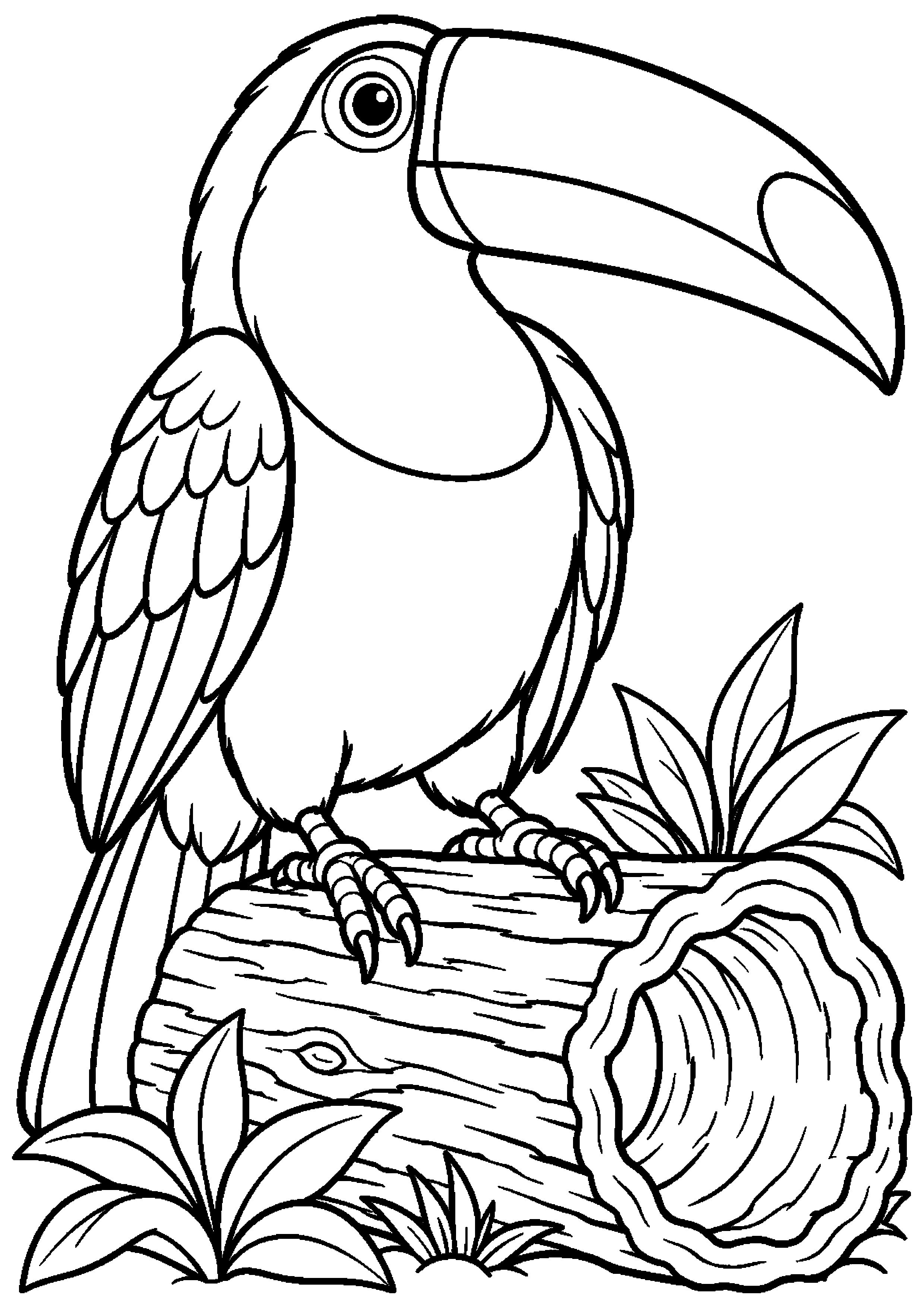Grand coloriage d’un toucan posé sur une grande liane, contours noirs nets sur fond blanc