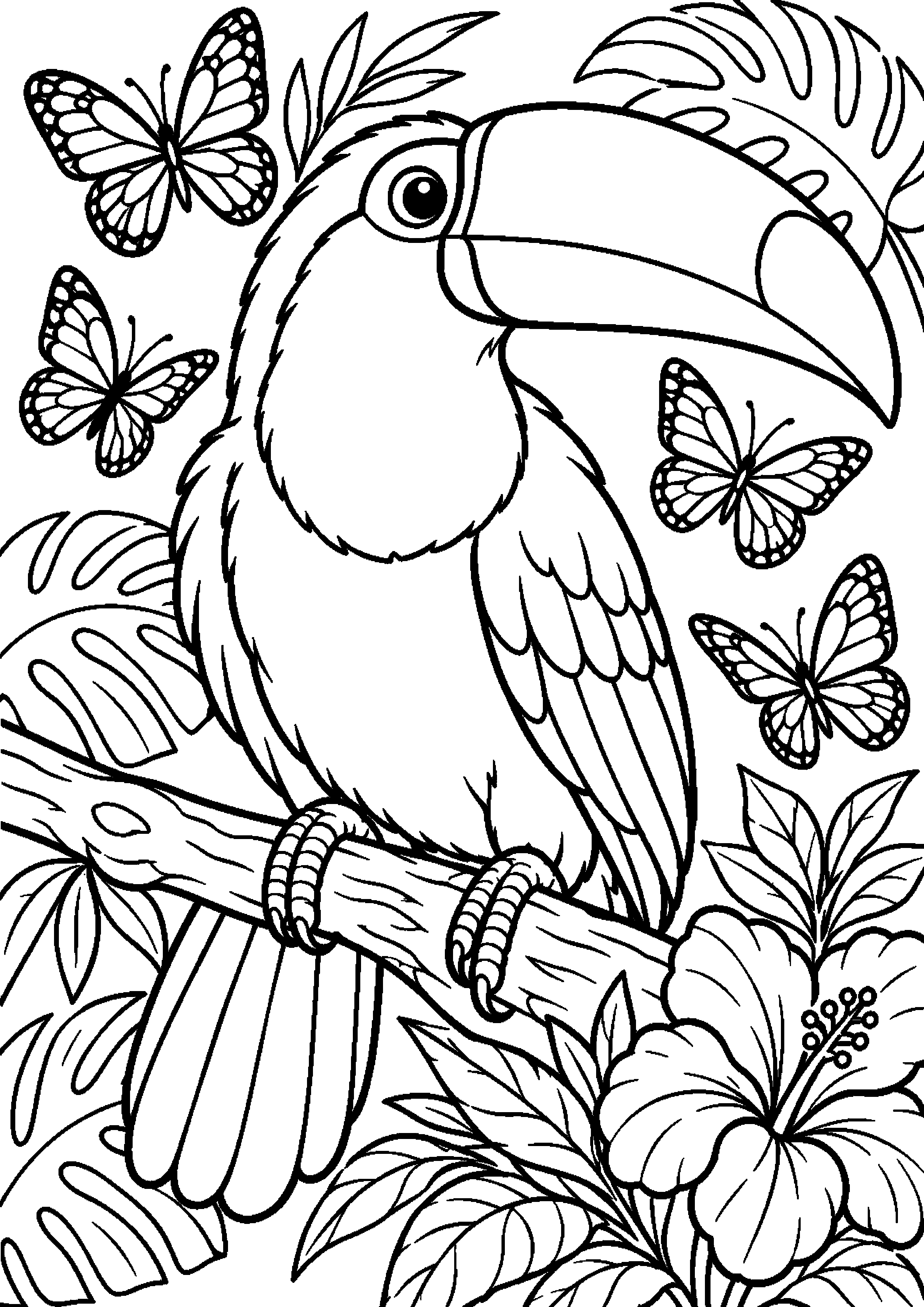 Grand coloriage d’un toucan attrapant un petit aliment naturel, contours noirs nets sur fond blanc