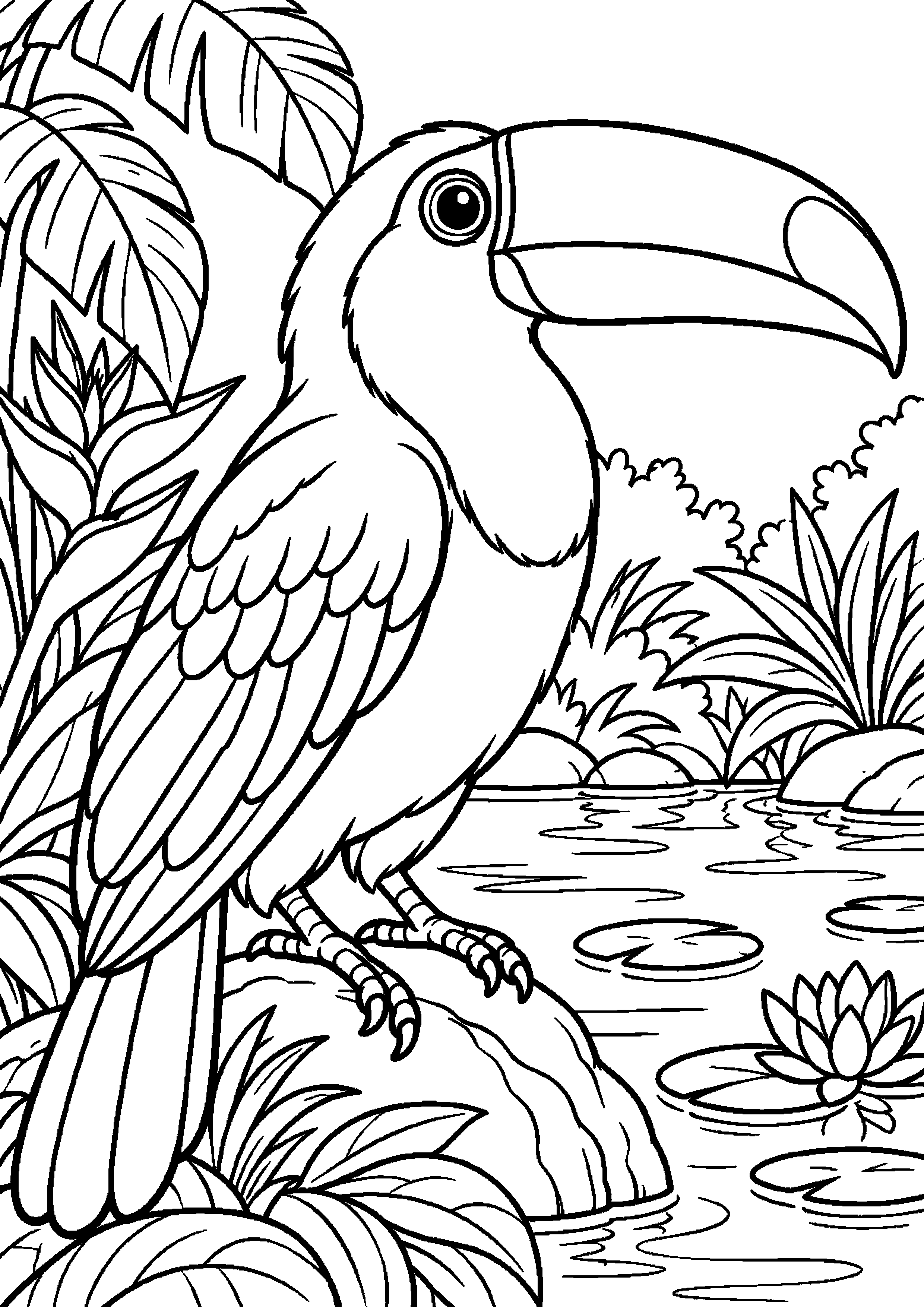 Grand coloriage d’un toucan jouant avec une feuille, contours noirs nets sur fond blanc
