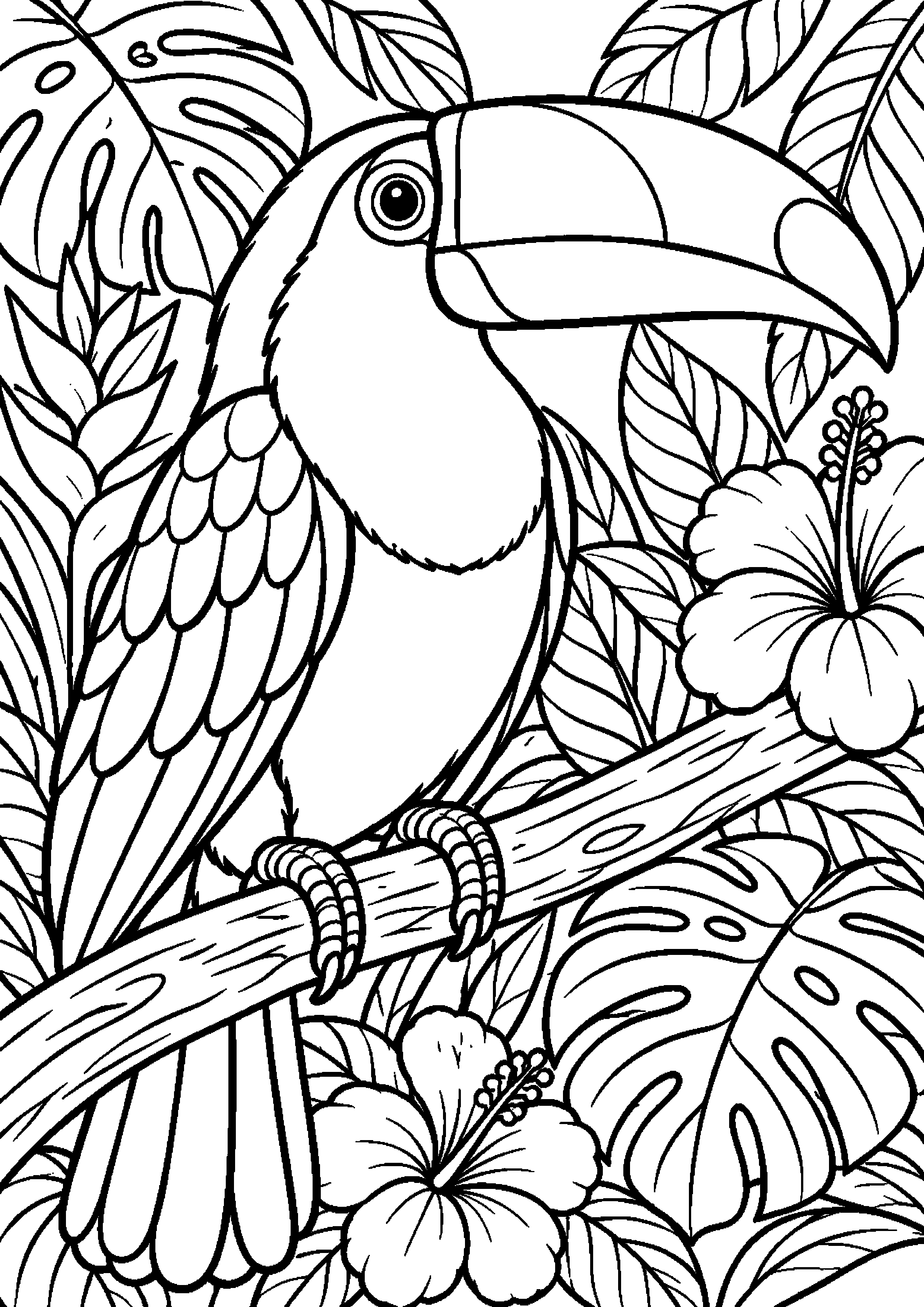 Grand coloriage d’un toucan dans une scène printanière fleurie, contours noirs nets sur fond blanc