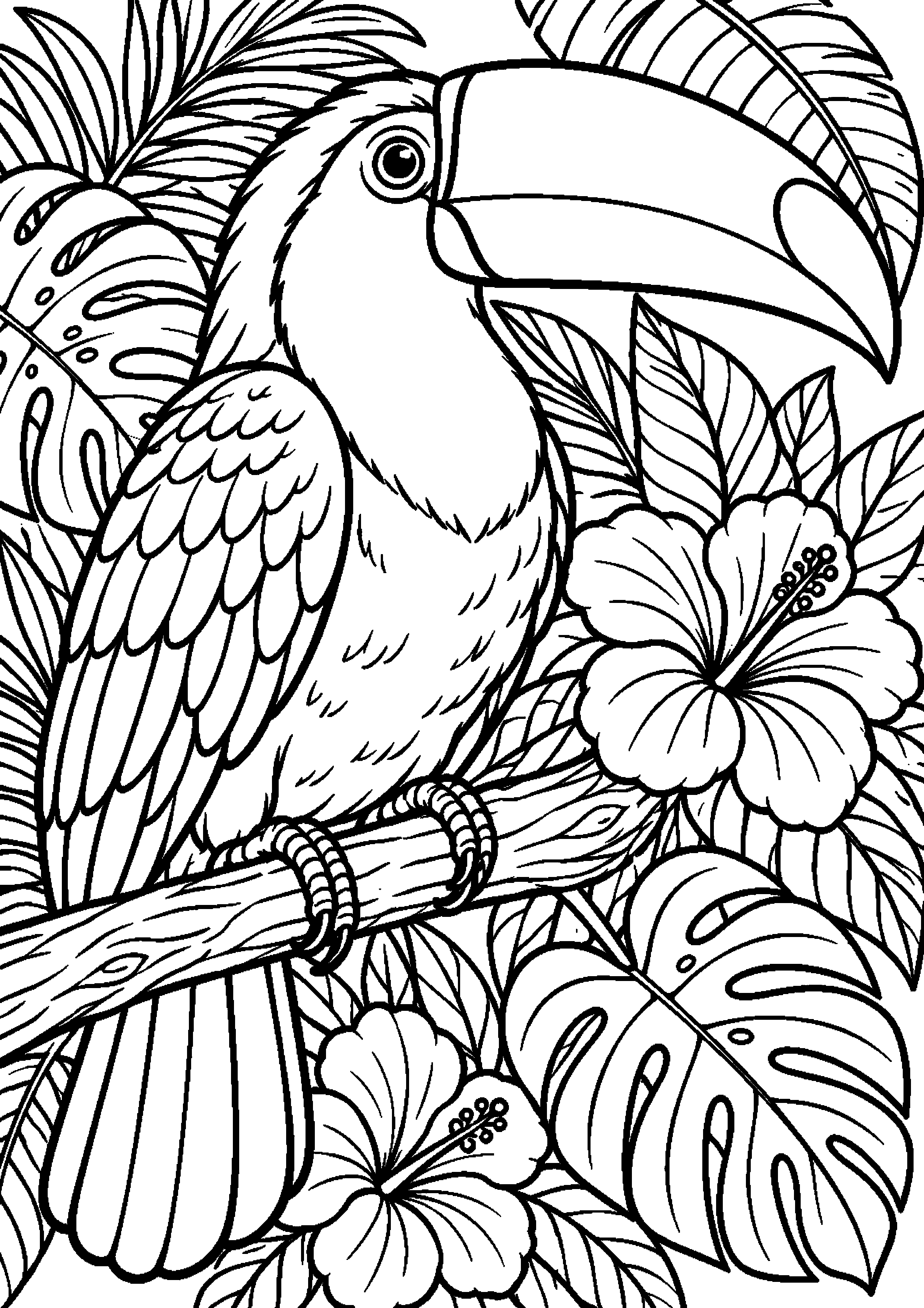 Grand coloriage d’un toucan dans une scène estivale feuillue, contours noirs nets sur fond blanc