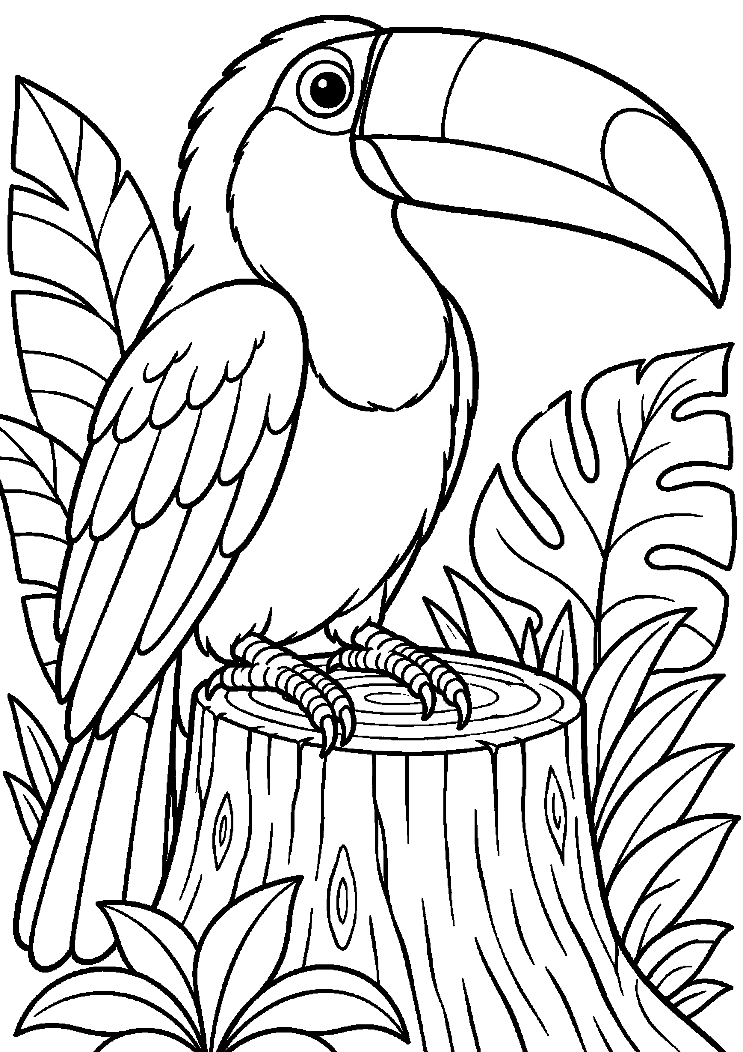Grand coloriage d’un toucan dans une scène automnale, contours noirs nets sur fond blanc