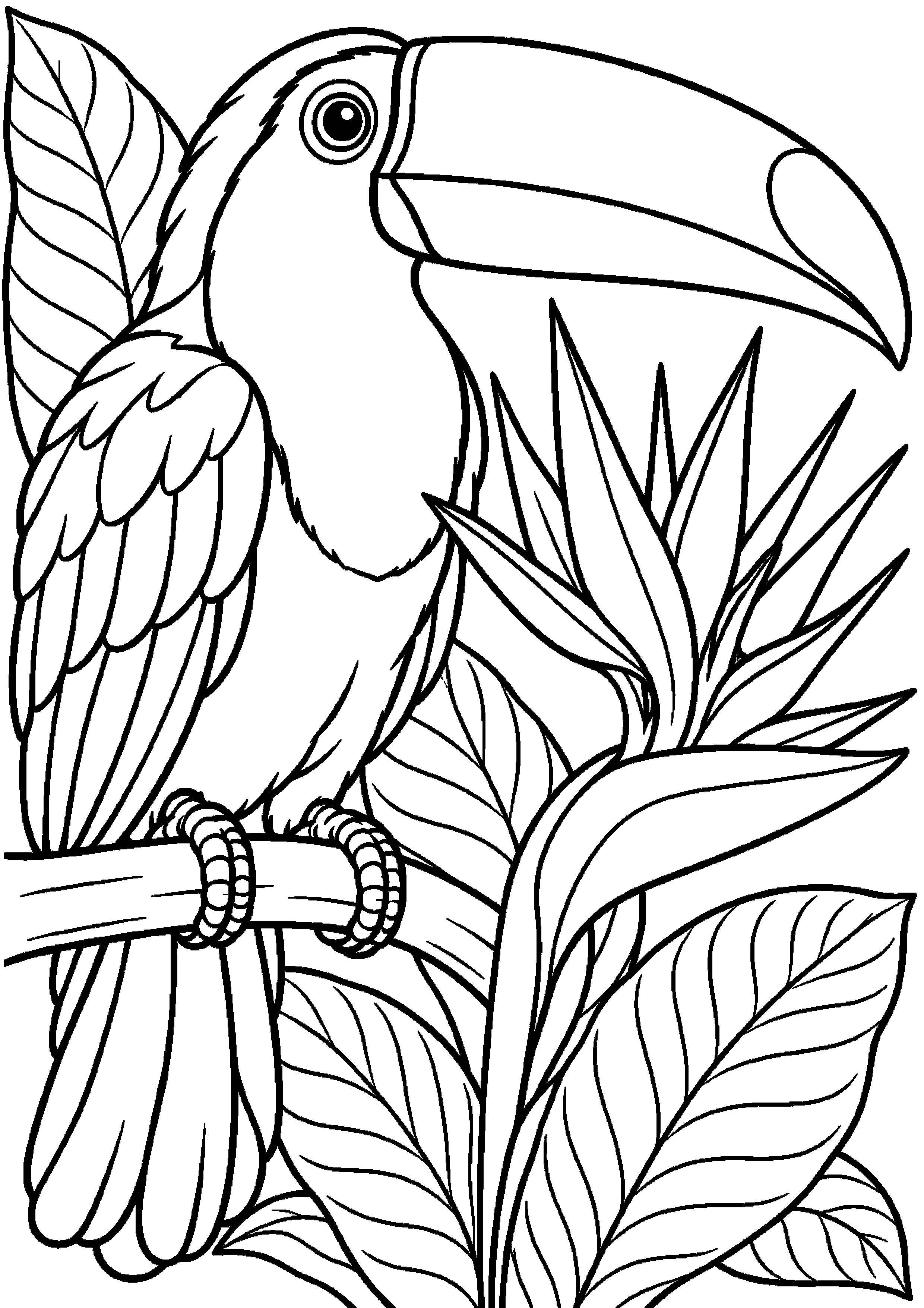 Grand coloriage d’un toucan dans son habitat naturel détaillé, contours noirs nets sur fond blanc