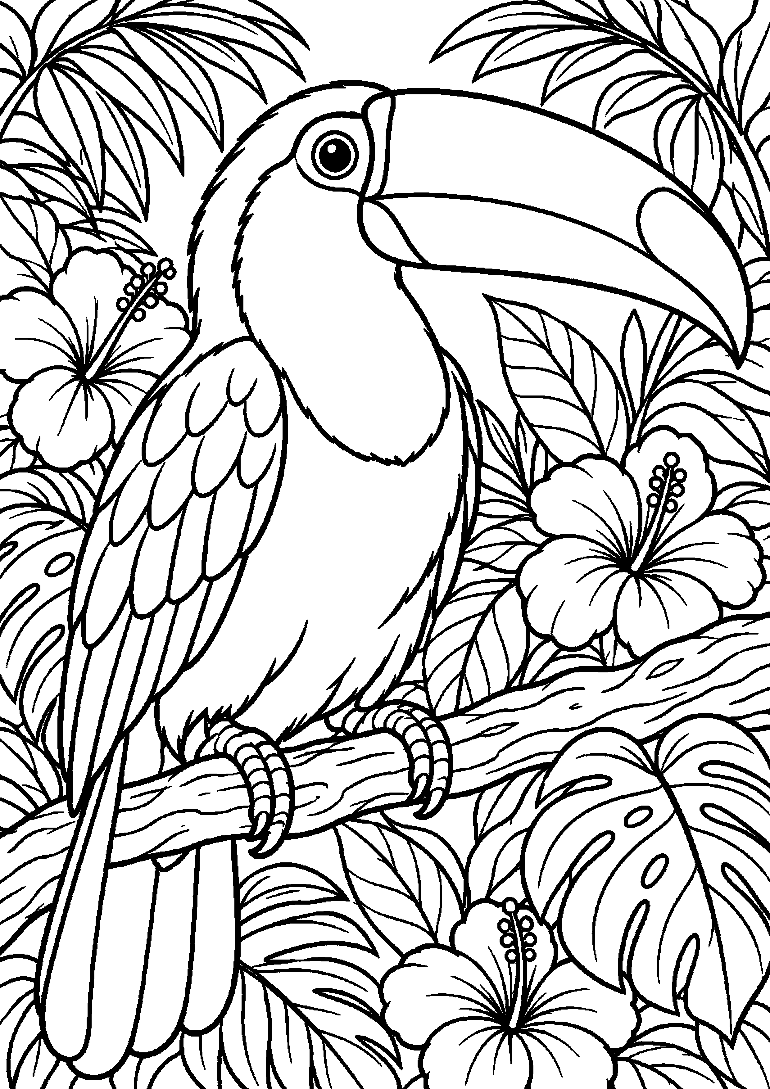 Grand coloriage d’un toucan dans une composition ornithologique pleine page, contours noirs nets sur fond blanc