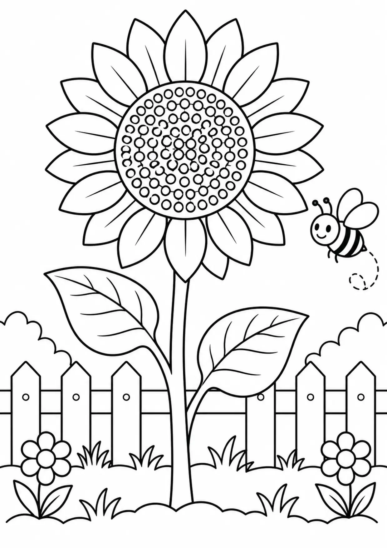 Coloriage tournesol à imprimer montrant abeille, illustration 1