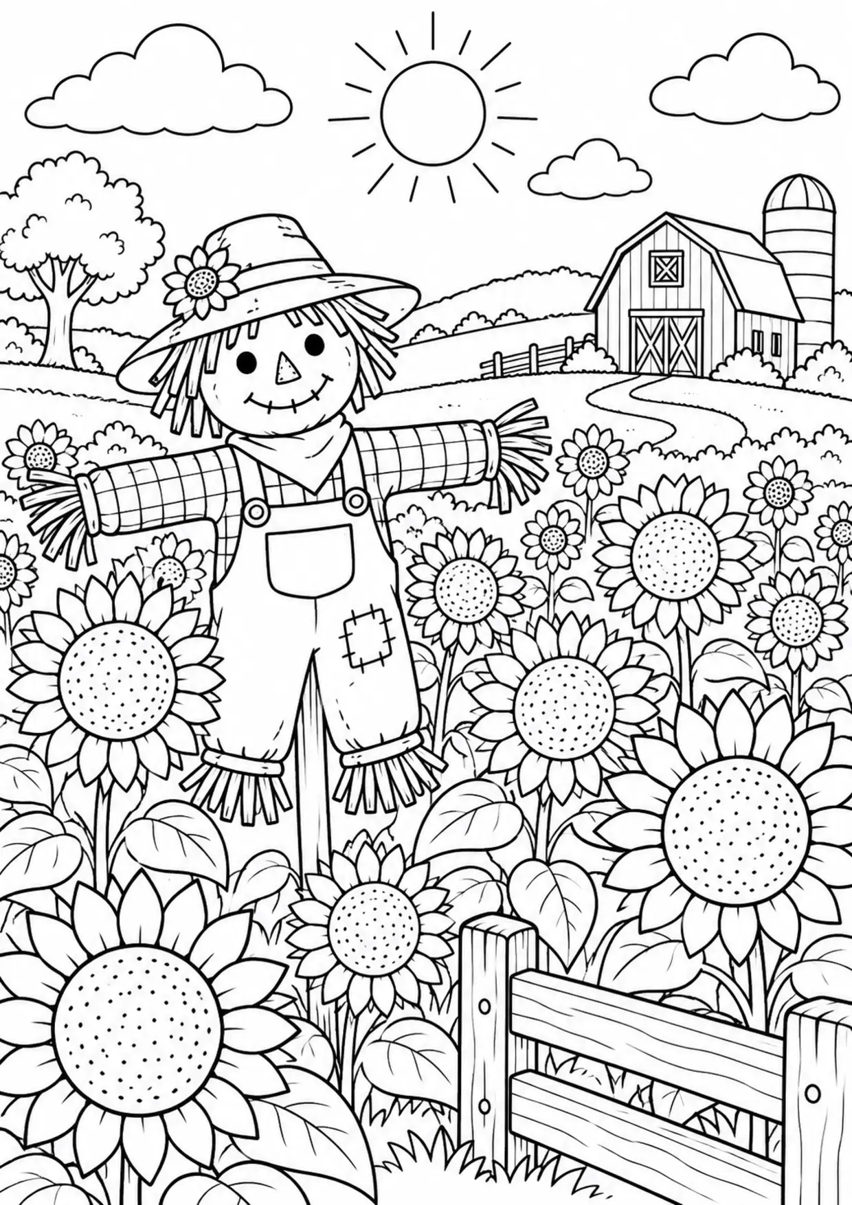 Coloriage tournesol à imprimer montrant champ, illustration 2