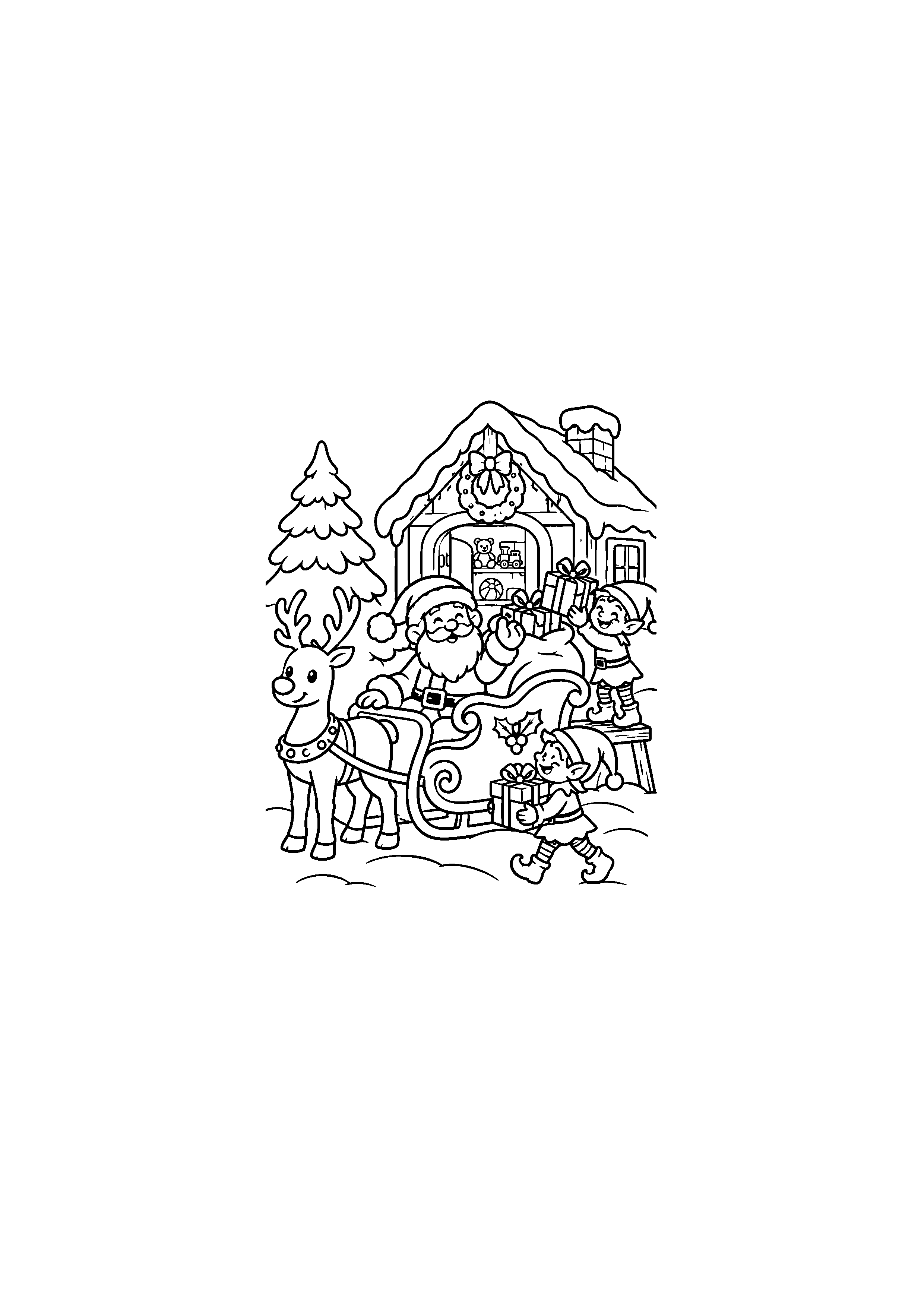 Coloriage Pere Noel et lutins chargeant le traineau à imprimer