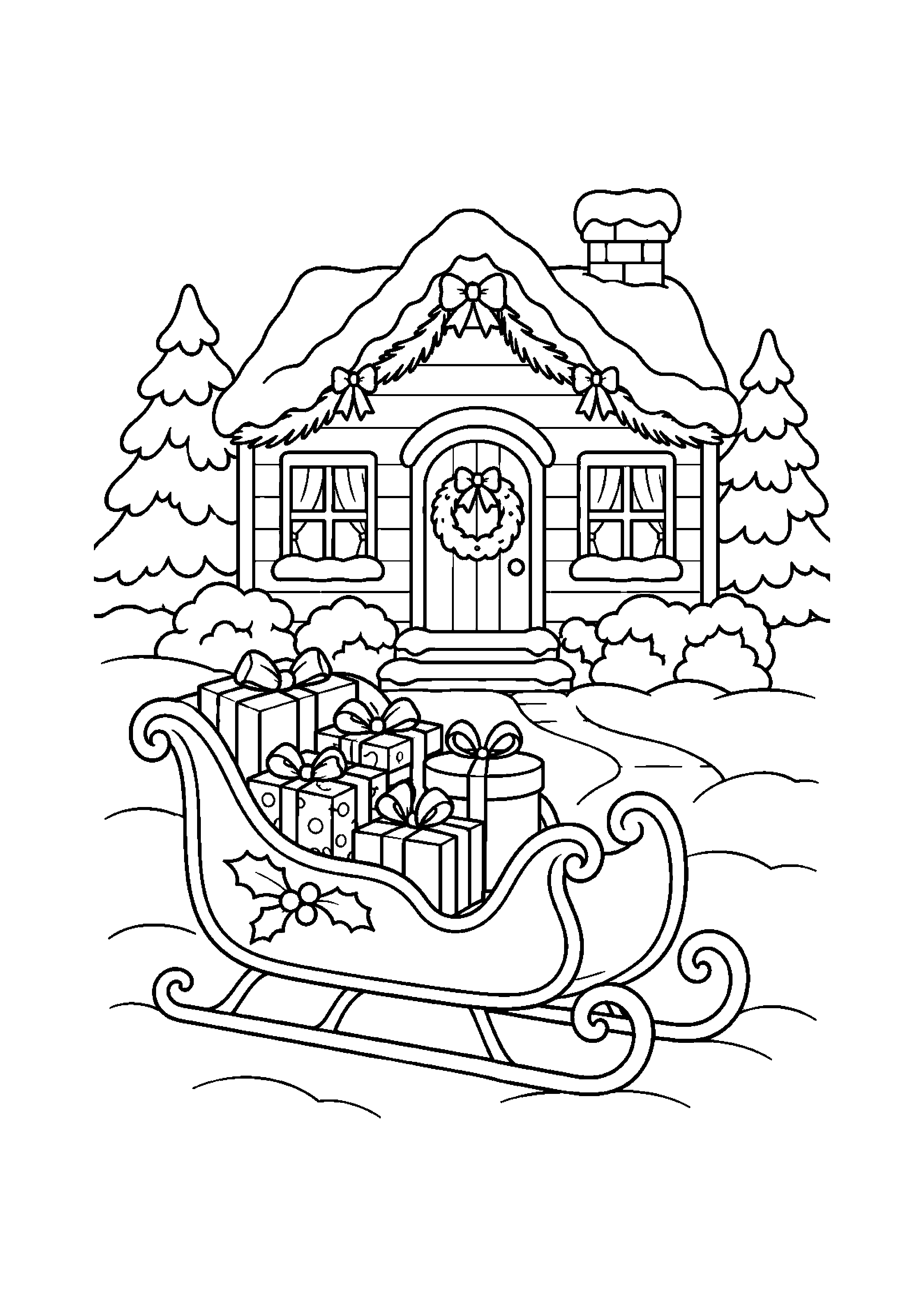 Coloriage Traineau charge de cadeaux devant une maison decoree de Noël à imprimer gratuitement