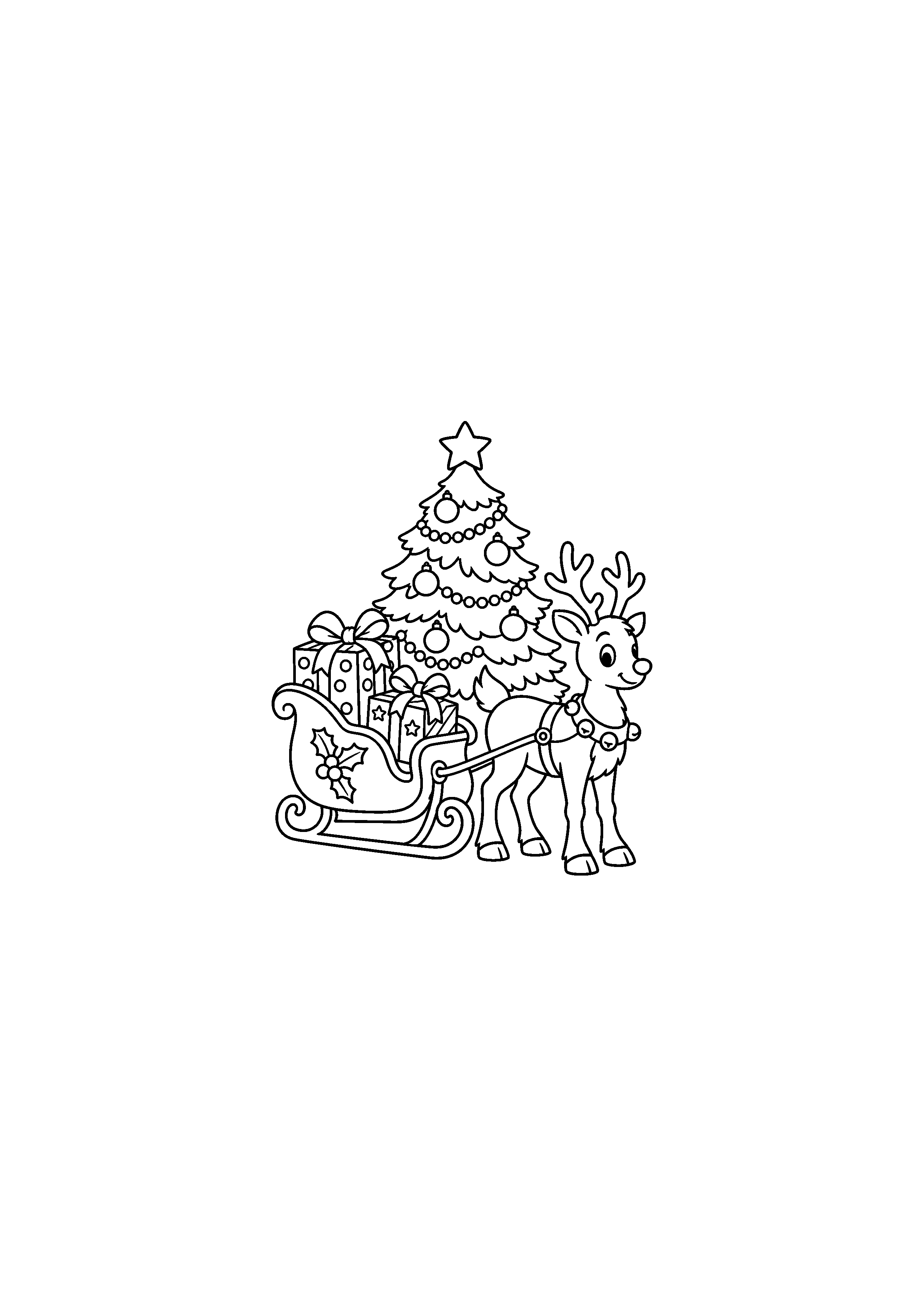 Coloriage Renne attele au traineau devant le sapin de Noël à imprimer gratuitement