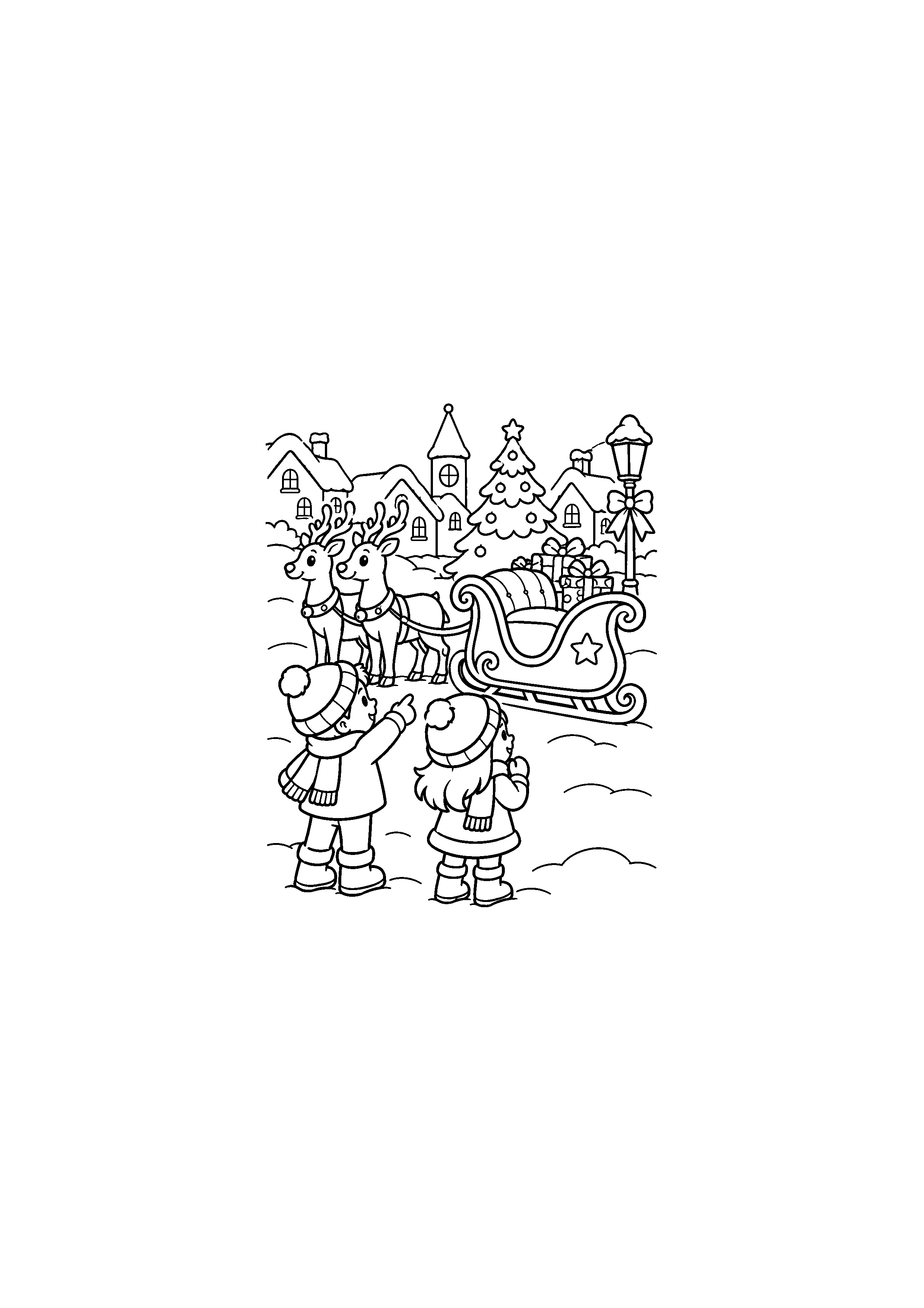 Coloriage Enfants admirant le traineau dans un village à imprimer