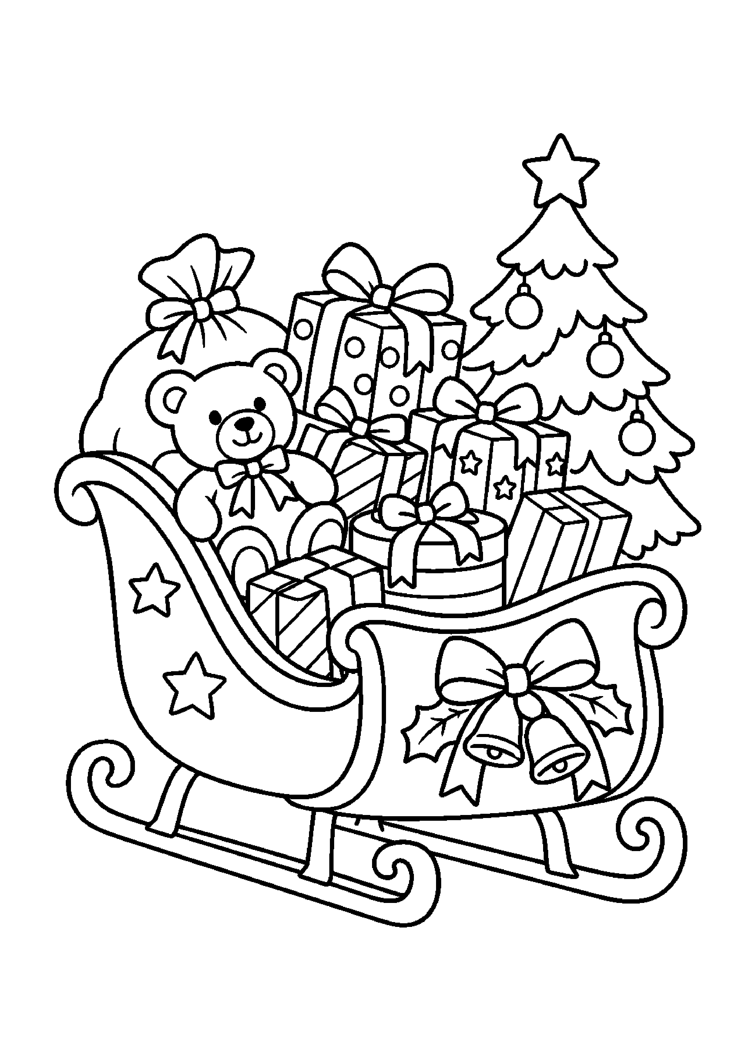 Coloriage traîneau devant une maison, composition 6 de Noël à imprimer gratuitement
