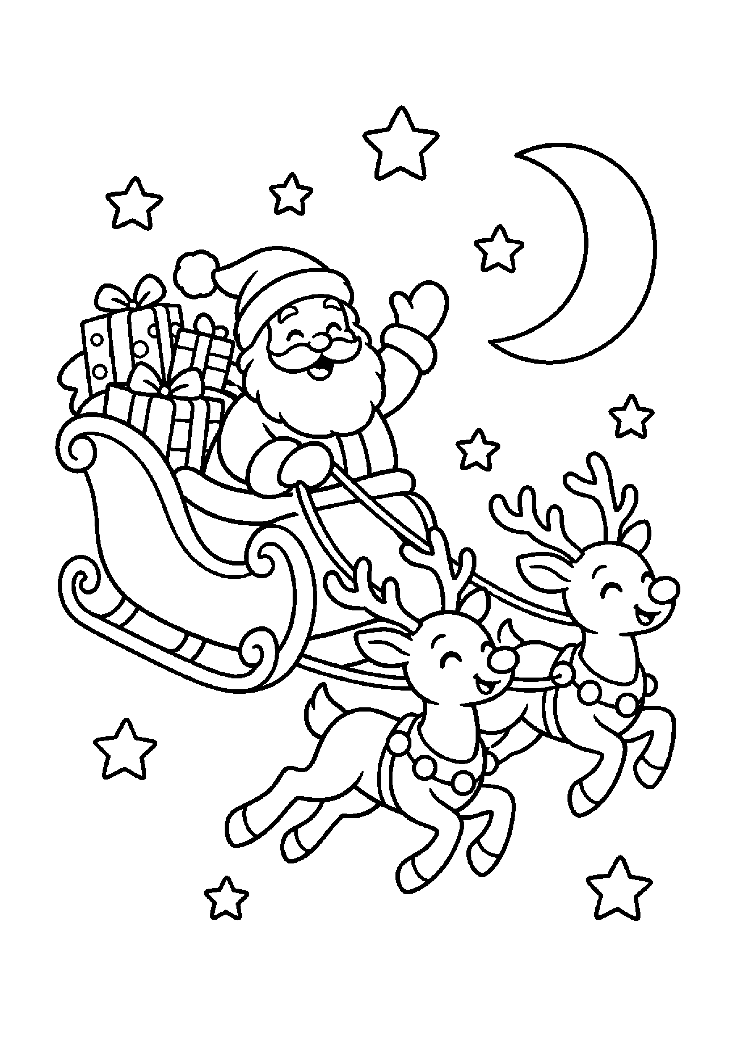 Coloriage Père Noël dans son traîneau, composition 7 de Noël à imprimer gratuitement