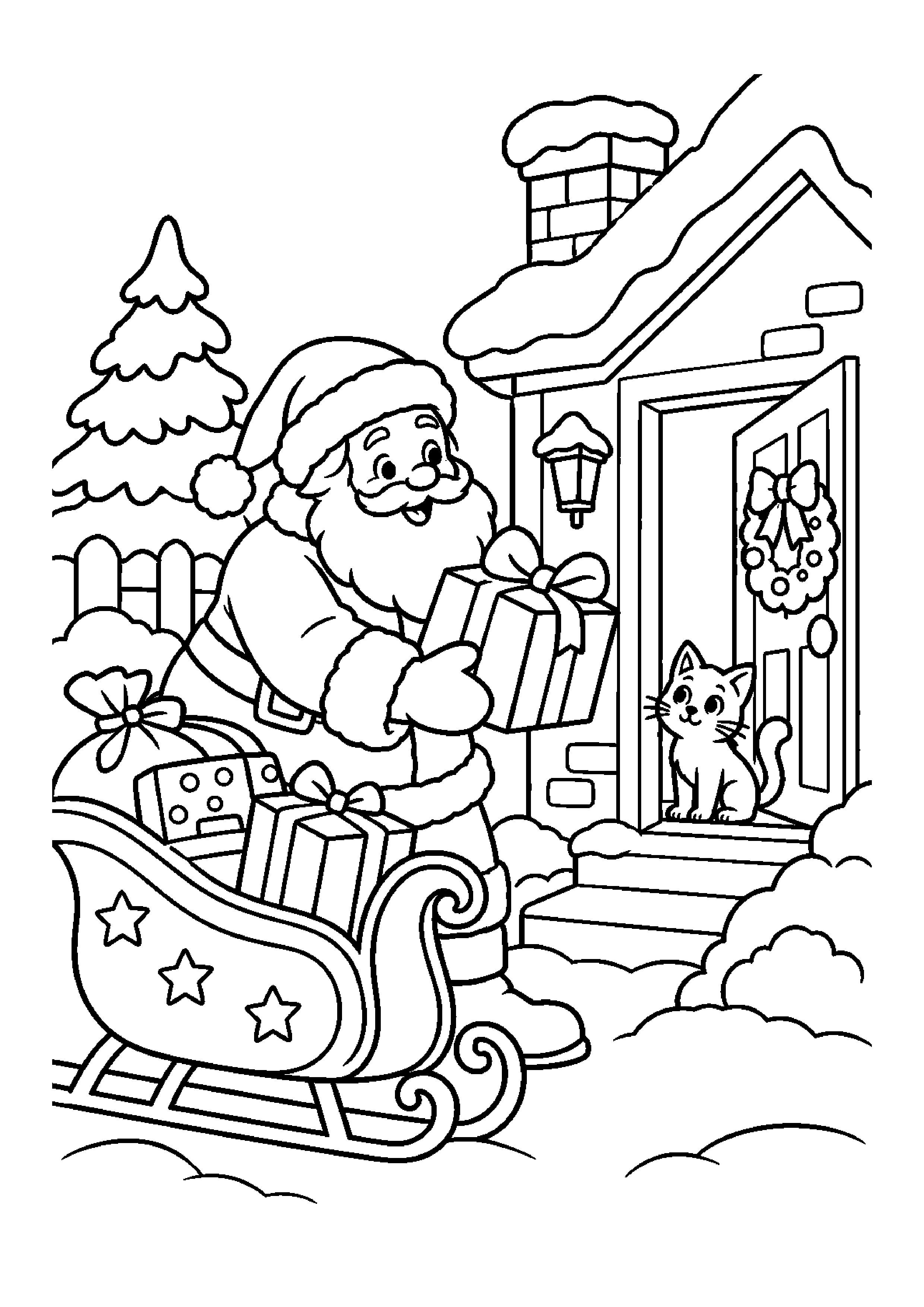 Coloriage traîneau chargé de cadeaux, composition 10 de Noël à imprimer gratuitement