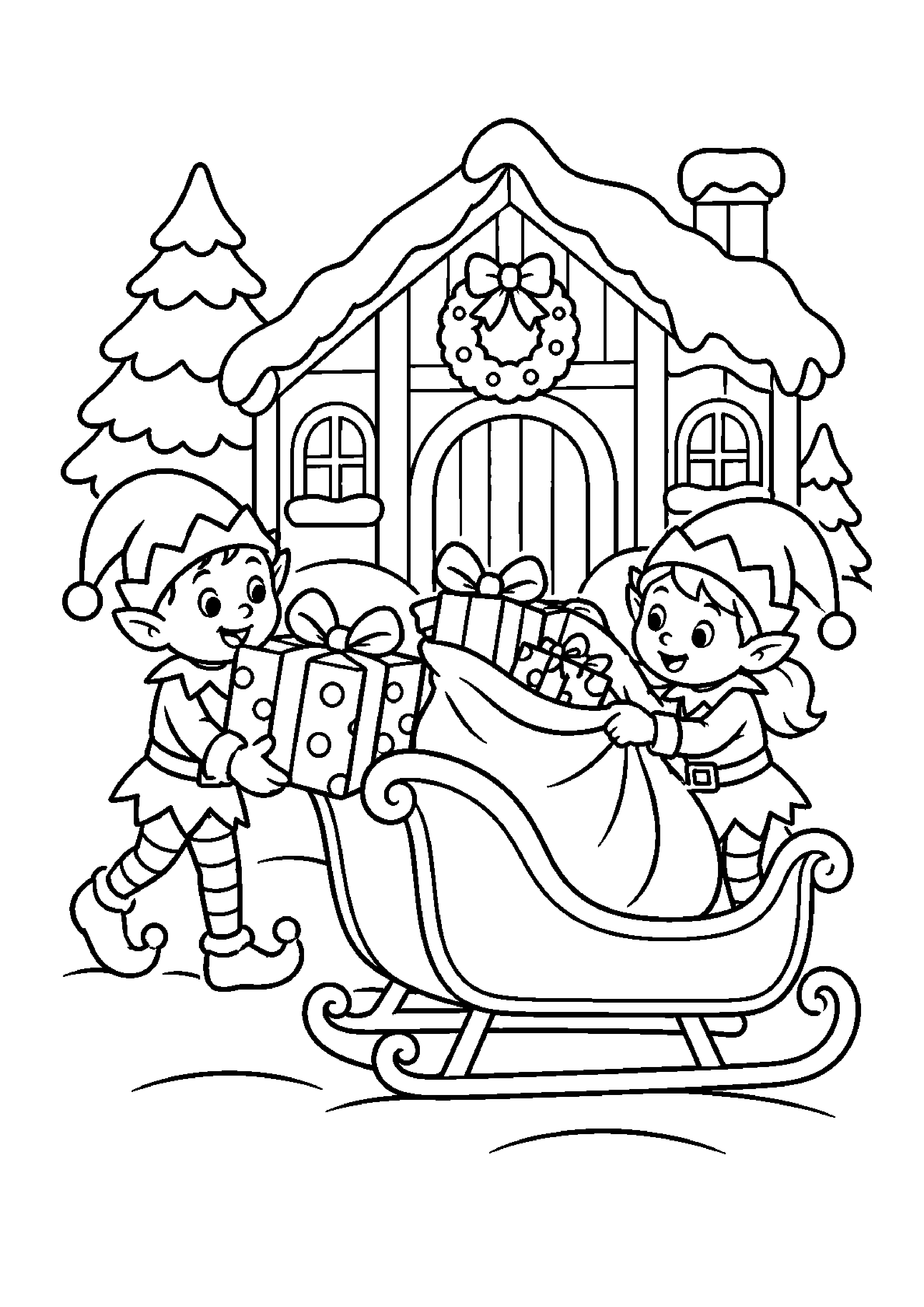 Coloriage traîneau avec les rennes, composition 12 de Noël à imprimer gratuitement