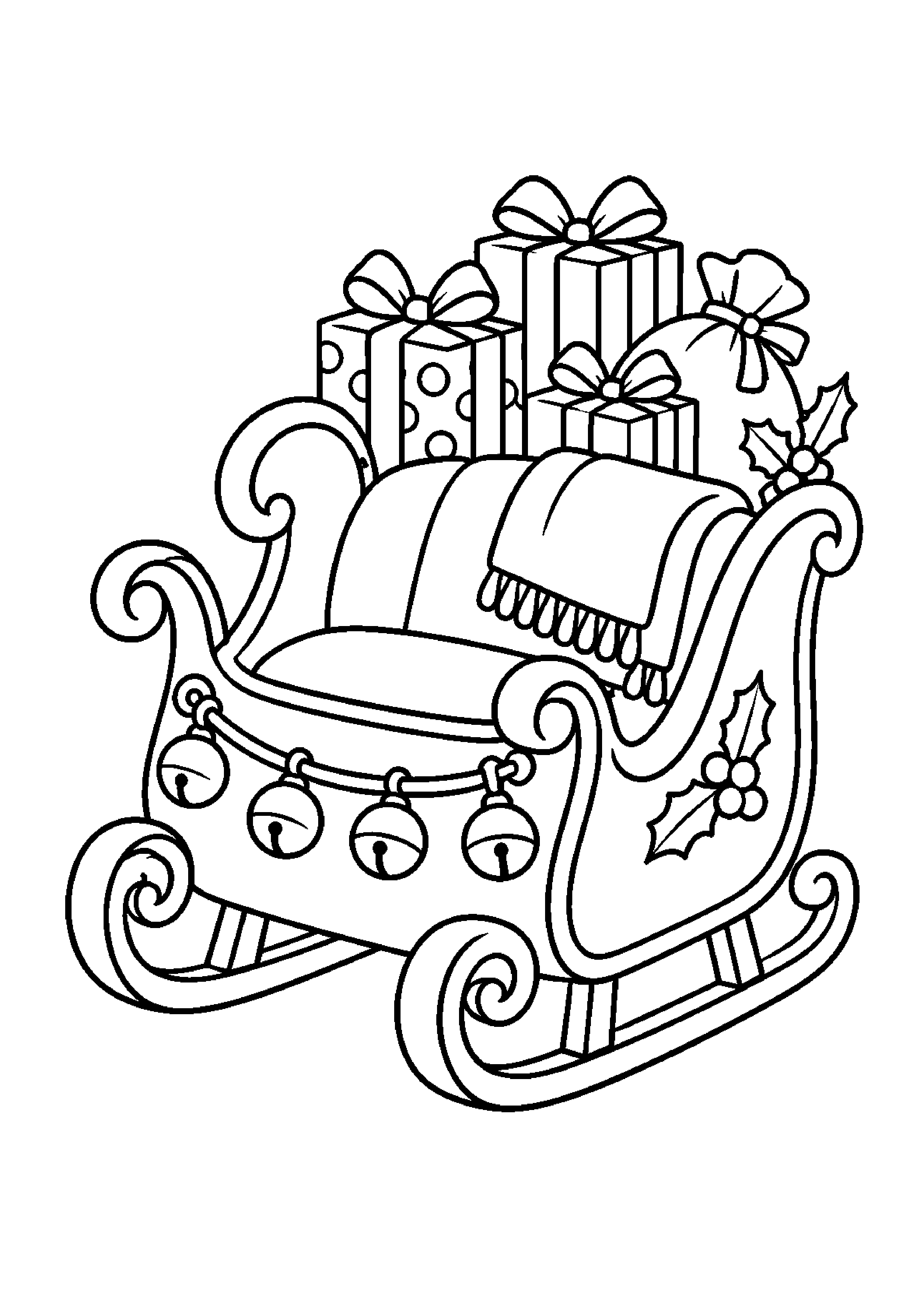 Coloriage traîneau devant une maison, composition 14 de Noël à imprimer gratuitement