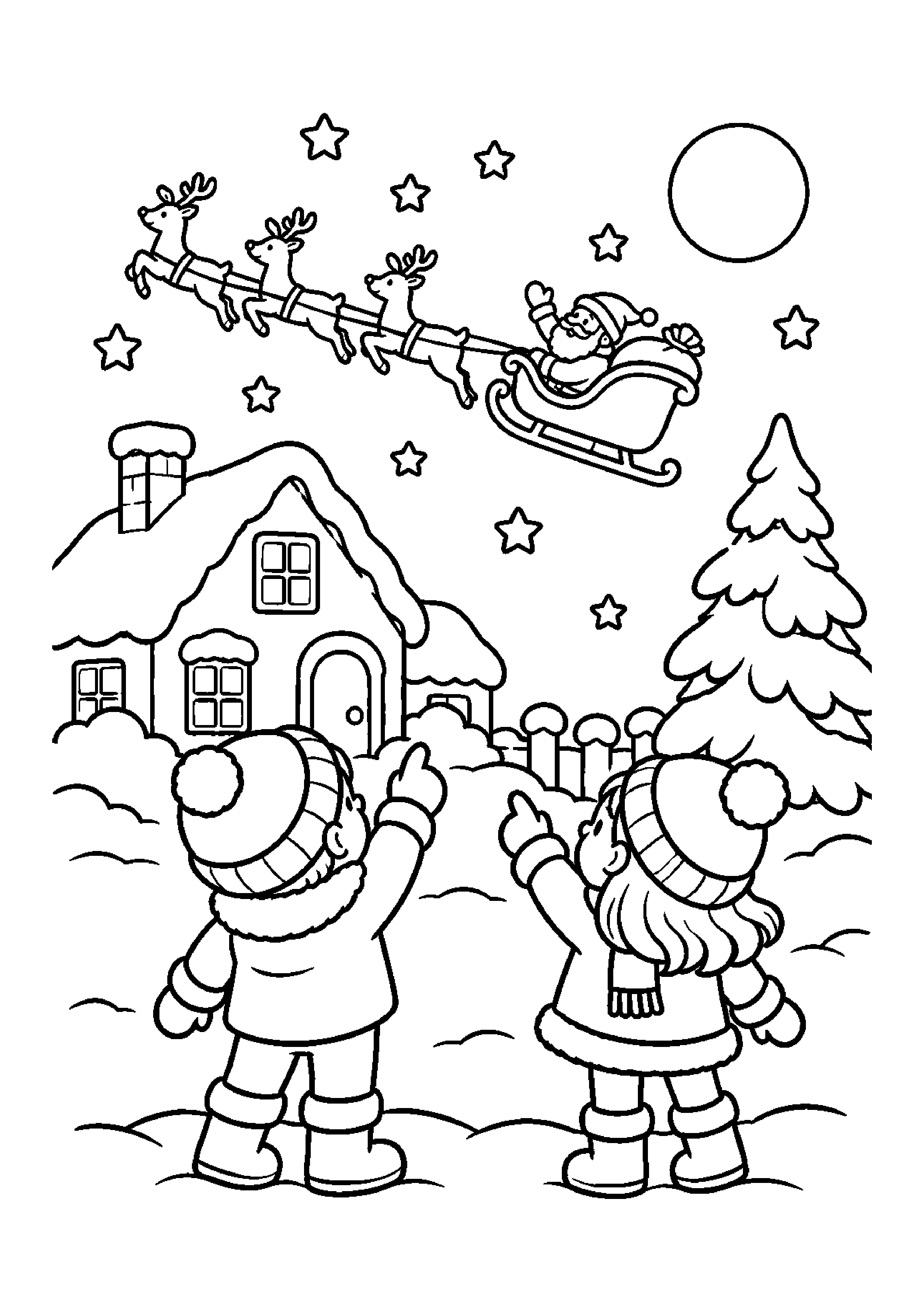 Coloriage Père Noël dans son traîneau, composition 15 de Noël à imprimer gratuitement