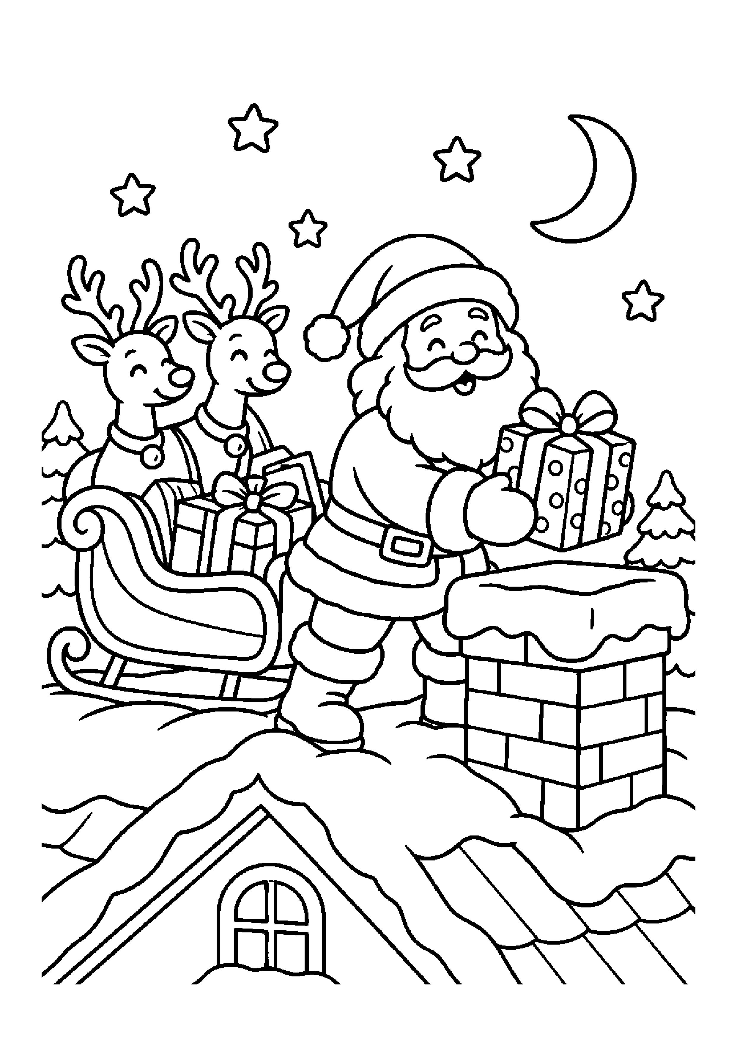 Coloriage traîneau devant l’atelier, composition 16 de Noël à imprimer gratuitement