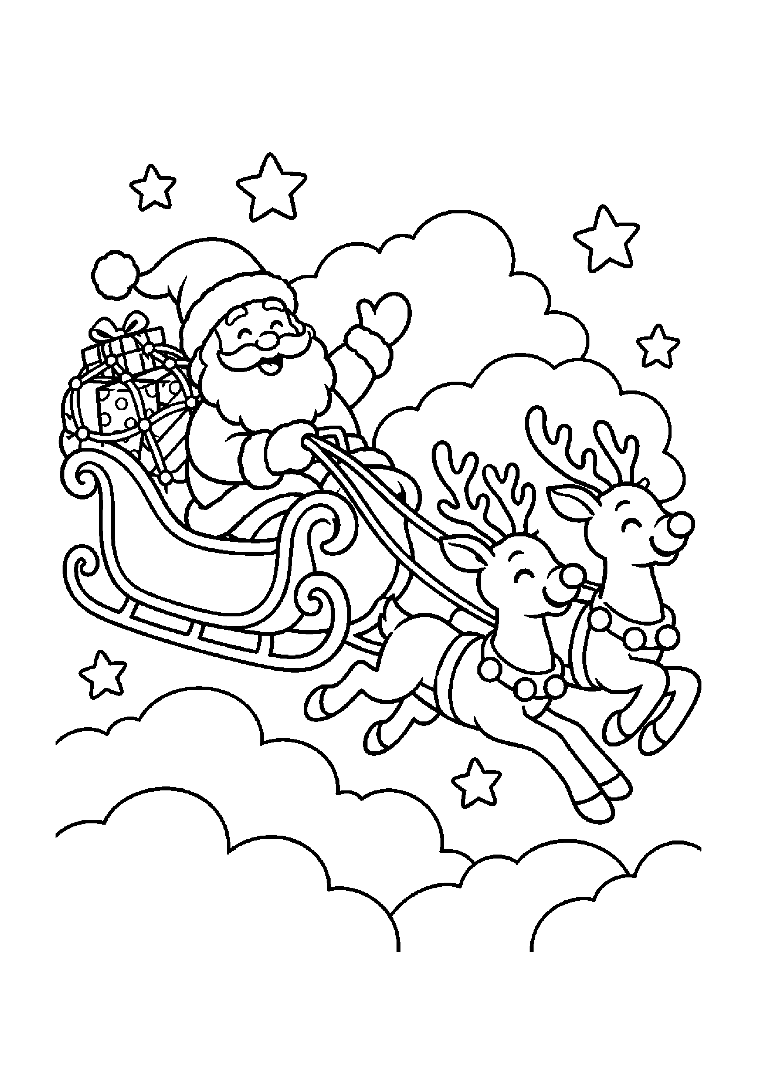 Coloriage traîneau dans le ciel, composition 19 de Noël à imprimer gratuitement