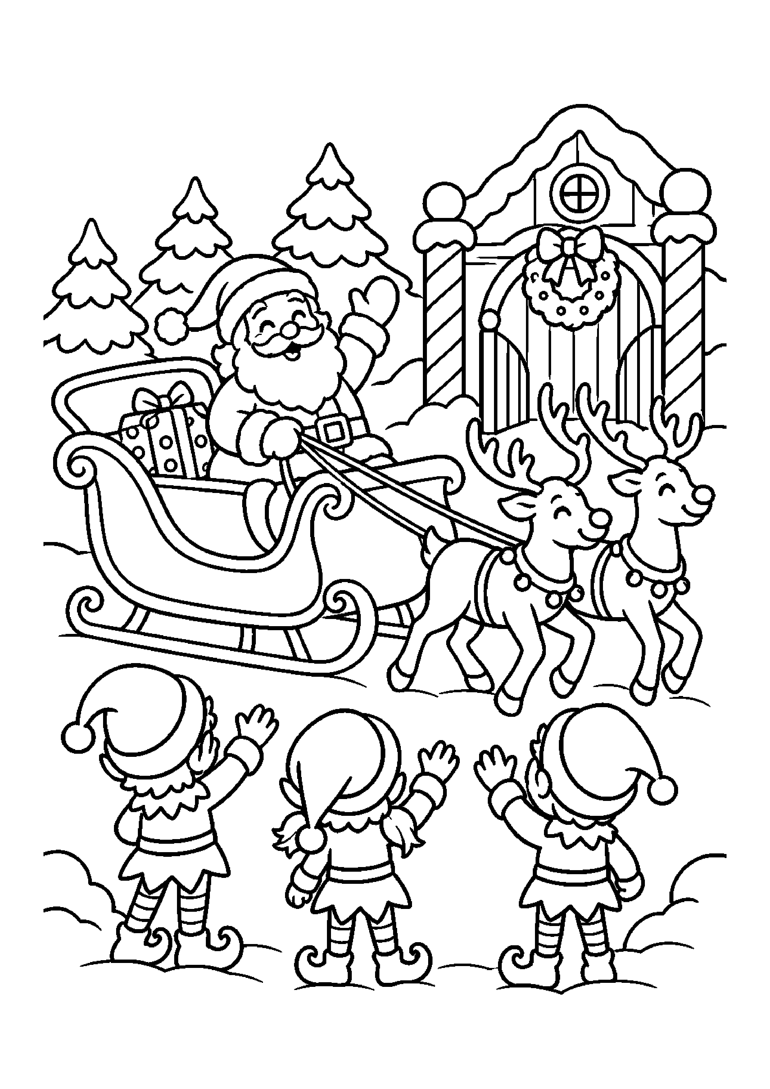 Coloriage traîneau avec les rennes, composition 20 de Noël à imprimer gratuitement