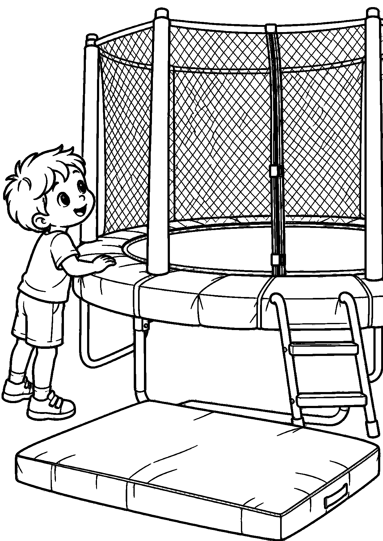 Coloriage trampoline : enfant découvrant le matériel sportif à imprimer