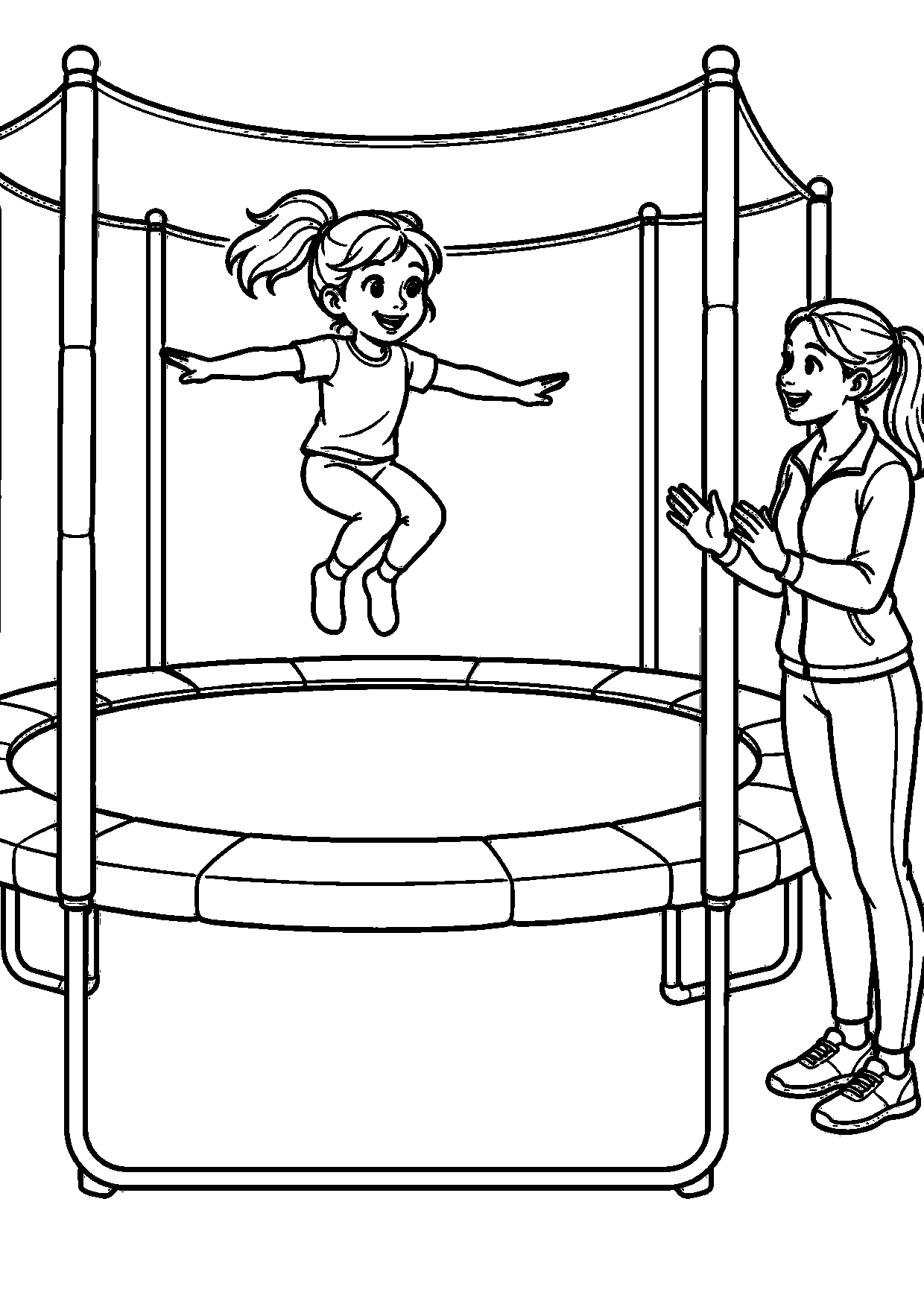 Coloriage trampoline : enfant et adulte lors d’un entraînement à imprimer