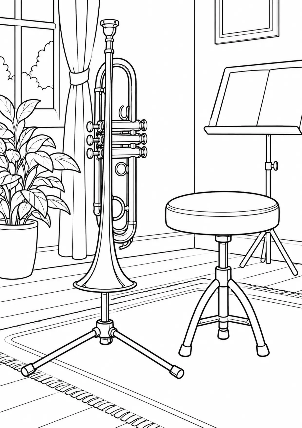 Coloriage trompette : support à imprimer montrant support, dessin noir et blanc