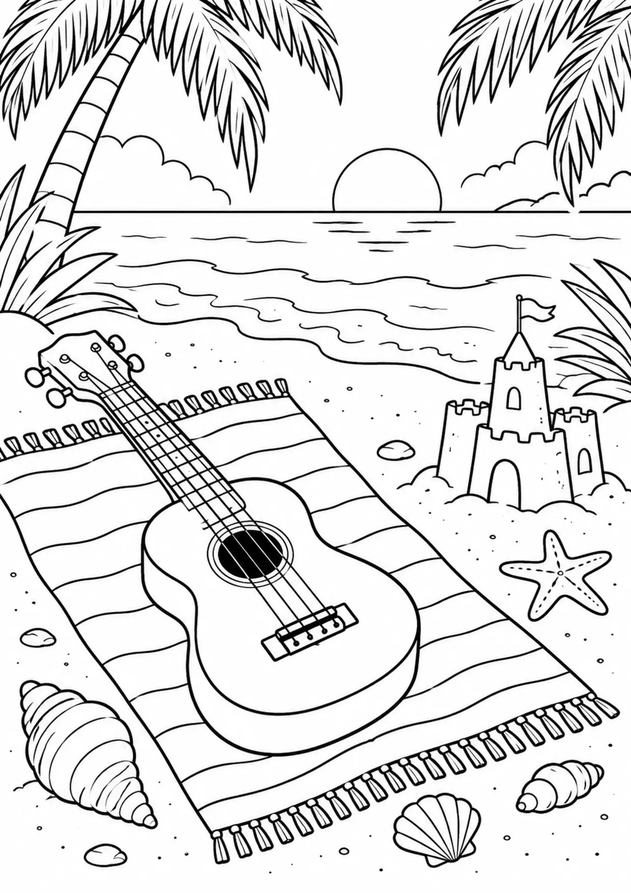 Coloriage ukulélé : chateau sable à imprimer montrant chateau sable, dessin noir et blanc
