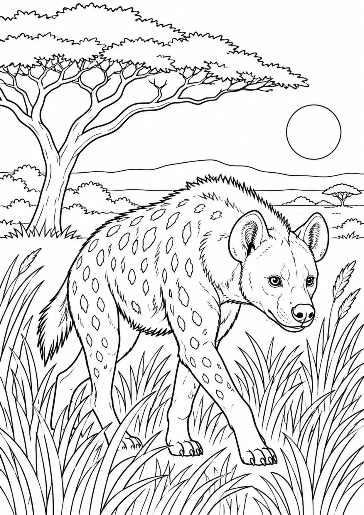 Coloriage hyène : savane à imprimer montrant savane, dessin noir et blanc