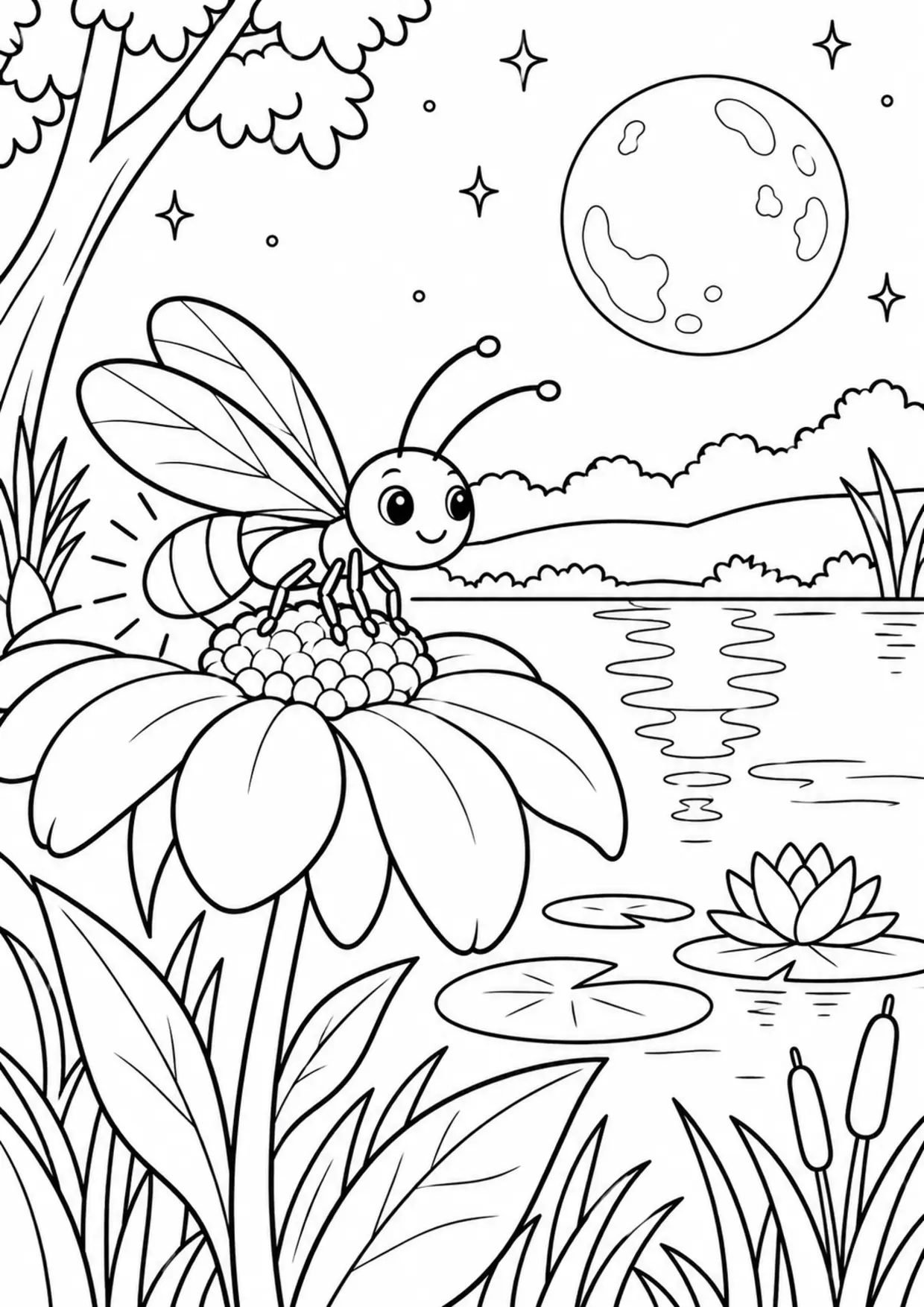 Coloriage luciole : etang à imprimer montrant etang, dessin noir et blanc