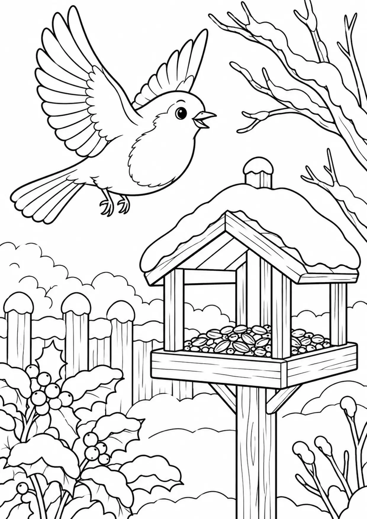 Coloriage rouge-gorge : mangeoire à imprimer montrant mangeoire, dessin noir et blanc