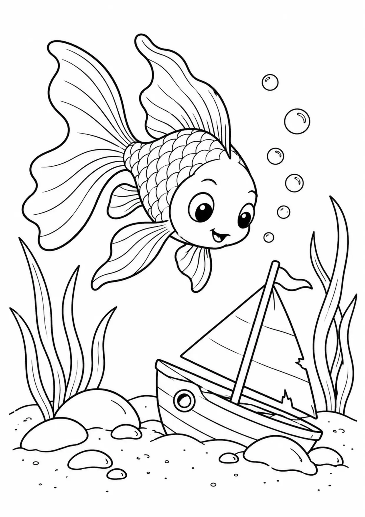 Coloriage poisson rouge : voilier à imprimer montrant voilier, dessin noir et blanc