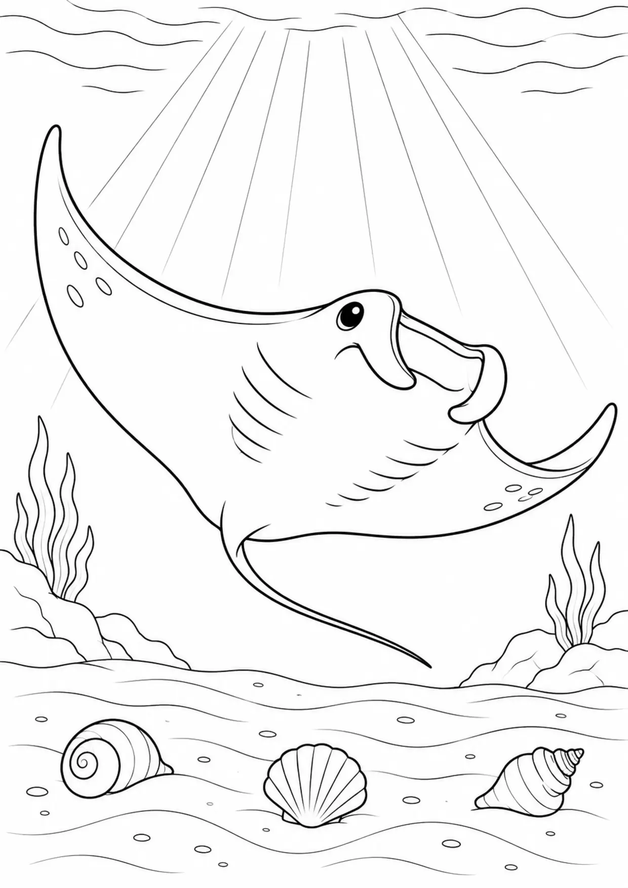 Coloriage raie manta : rayons coquillages à imprimer montrant rayons coquillages, dessin noir et blanc