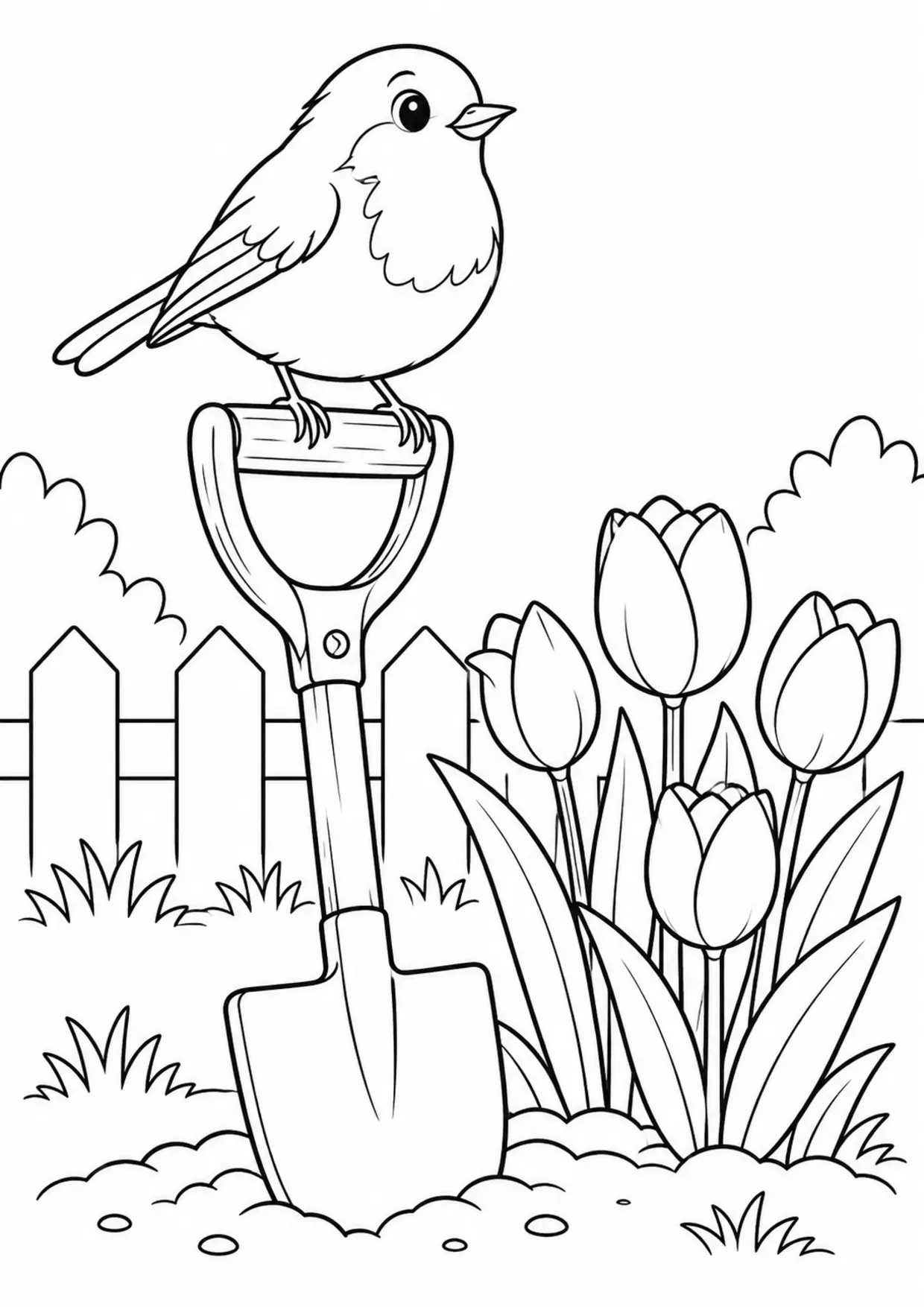 Coloriage rouge-gorge : beche tulipes à imprimer montrant beche tulipes, dessin noir et blanc