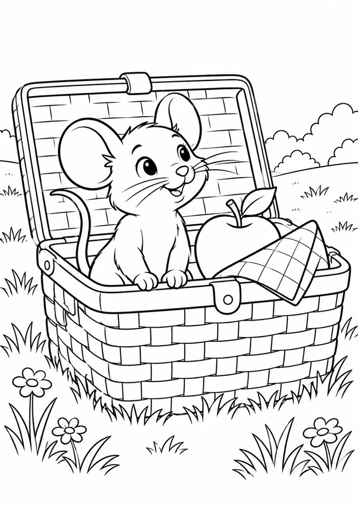 Coloriage souris : panier pique nique à imprimer montrant panier pique nique, dessin noir et blanc