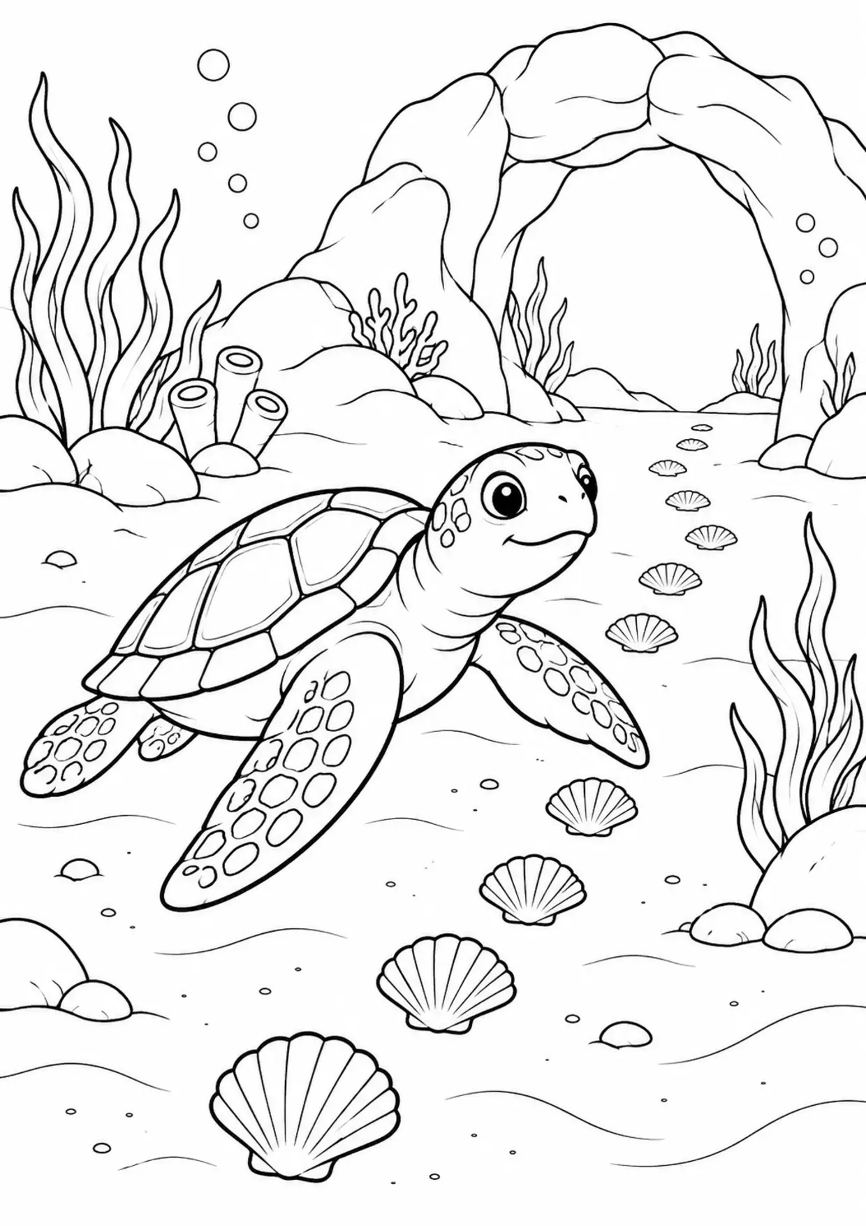 Coloriage tortue marine : chemin coquillages à imprimer montrant chemin coquillages, dessin noir et blanc