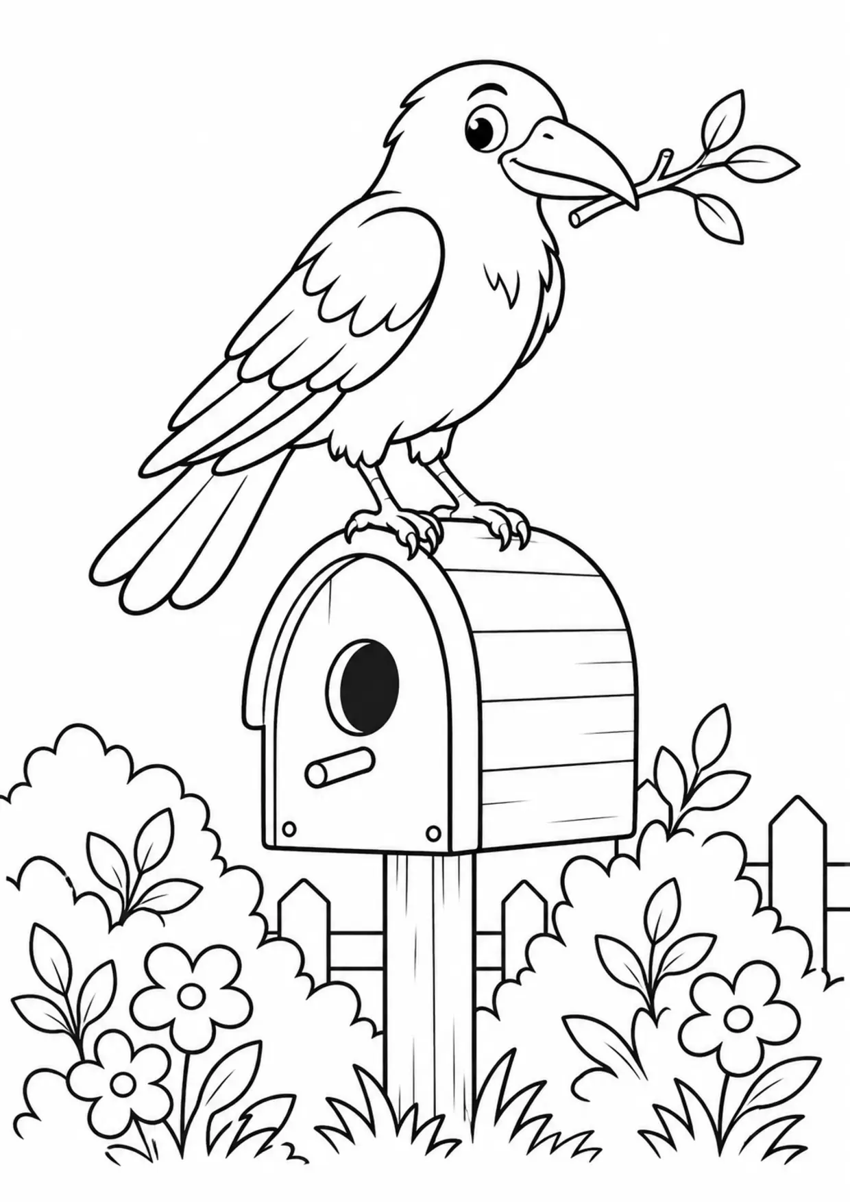 Coloriage corbeau : nichoir brindille