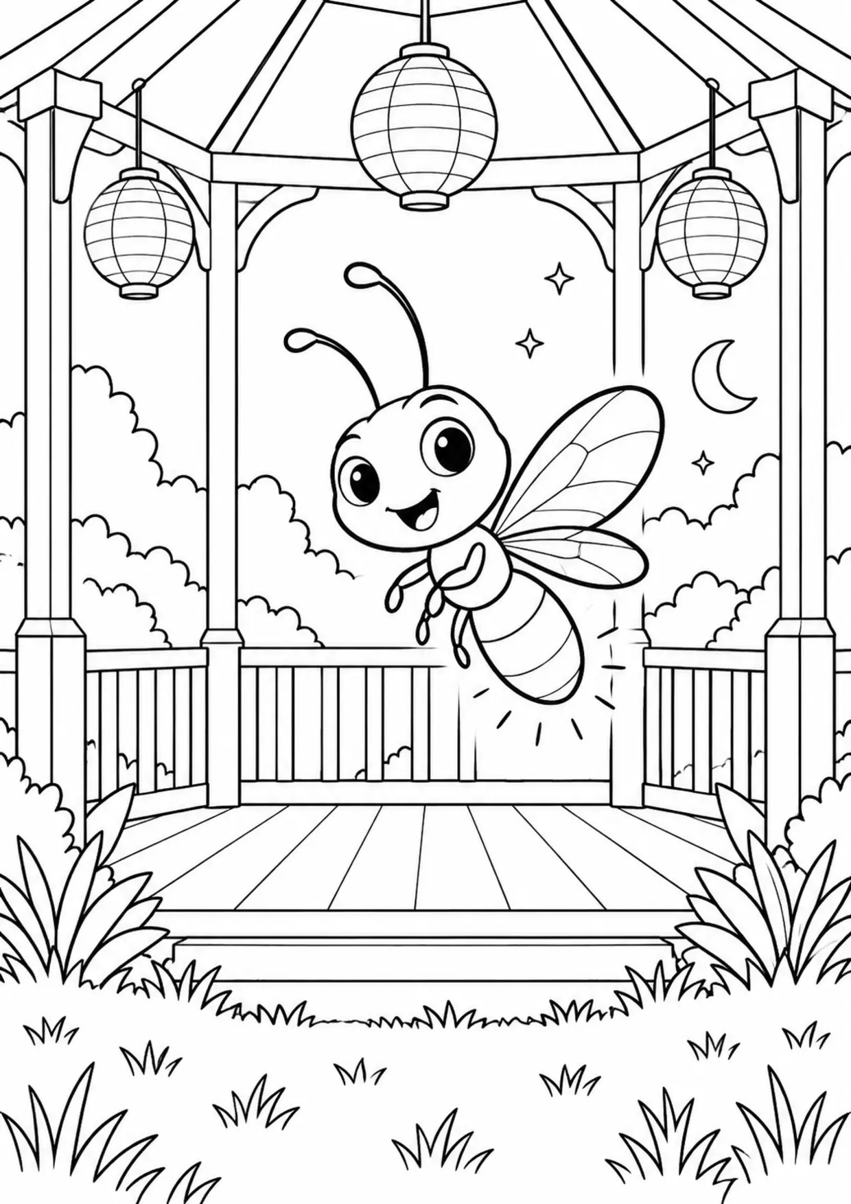 Coloriage luciole : kiosque lanternes à imprimer montrant kiosque lanternes, dessin noir et blanc