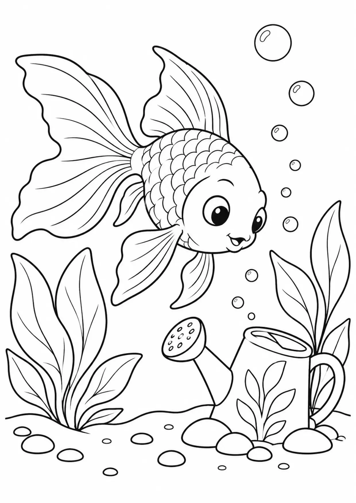 Coloriage poisson rouge : arrosoir à imprimer montrant arrosoir, dessin noir et blanc