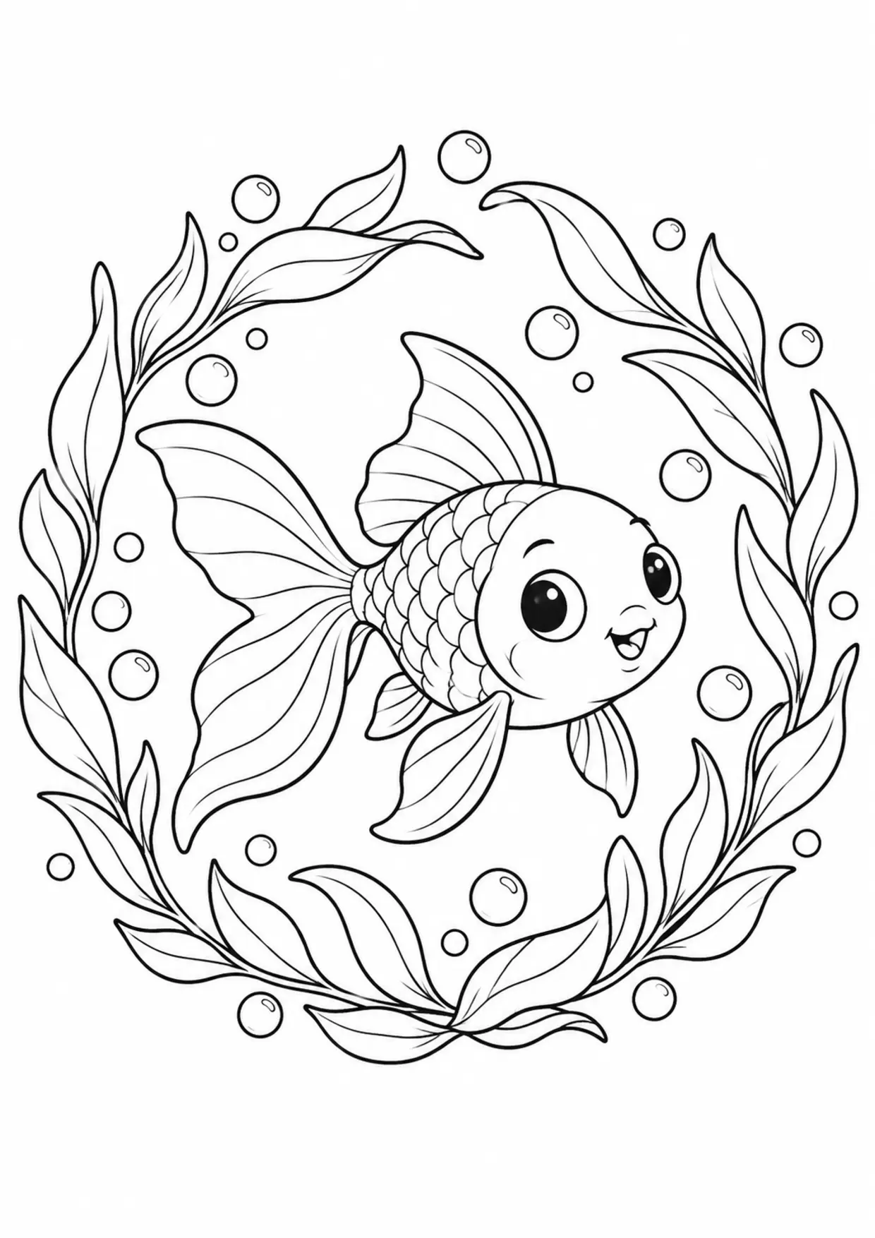 Coloriage poisson rouge : couronne feuilles à imprimer montrant couronne feuilles, dessin noir et blanc